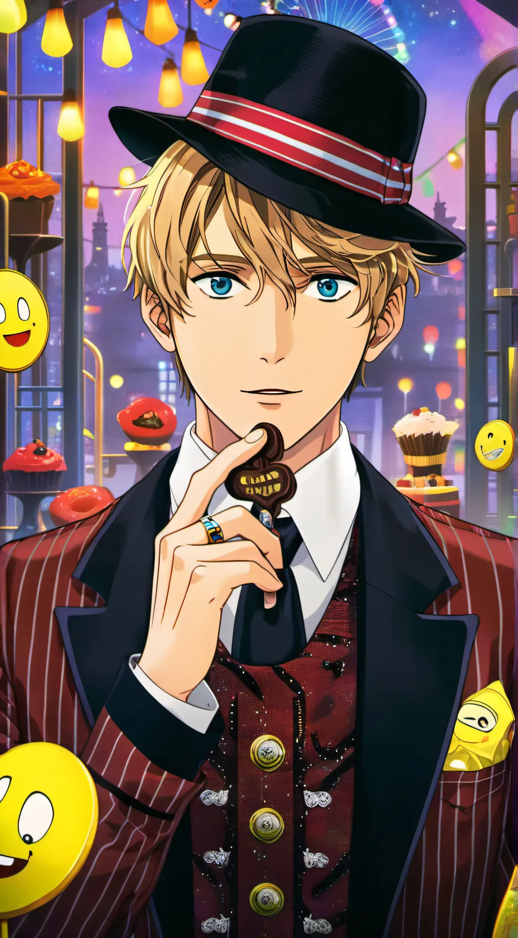 ai character: Chocolate factory background