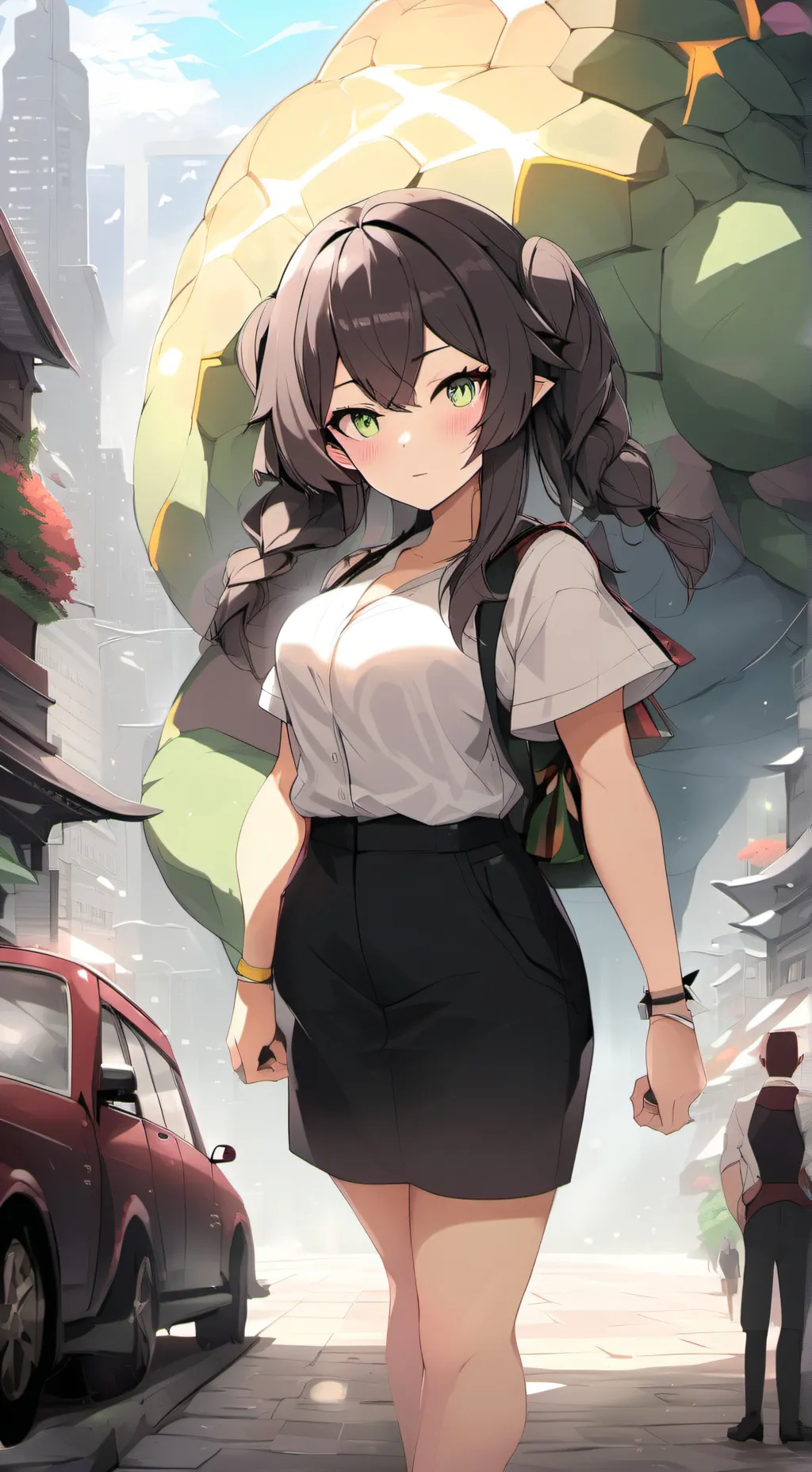 ai character: Giant girl  background
