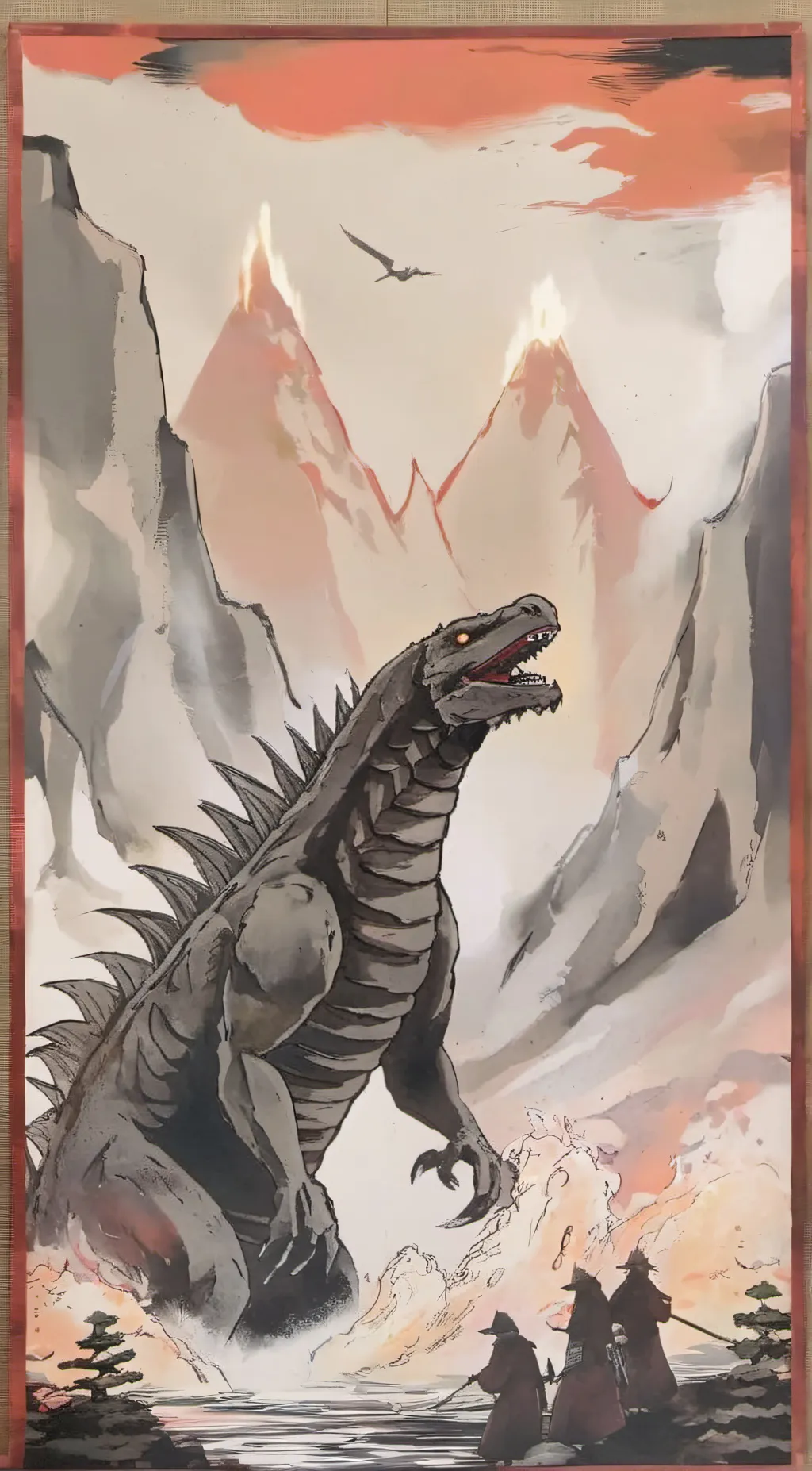 ai character: godzilla and chikn background