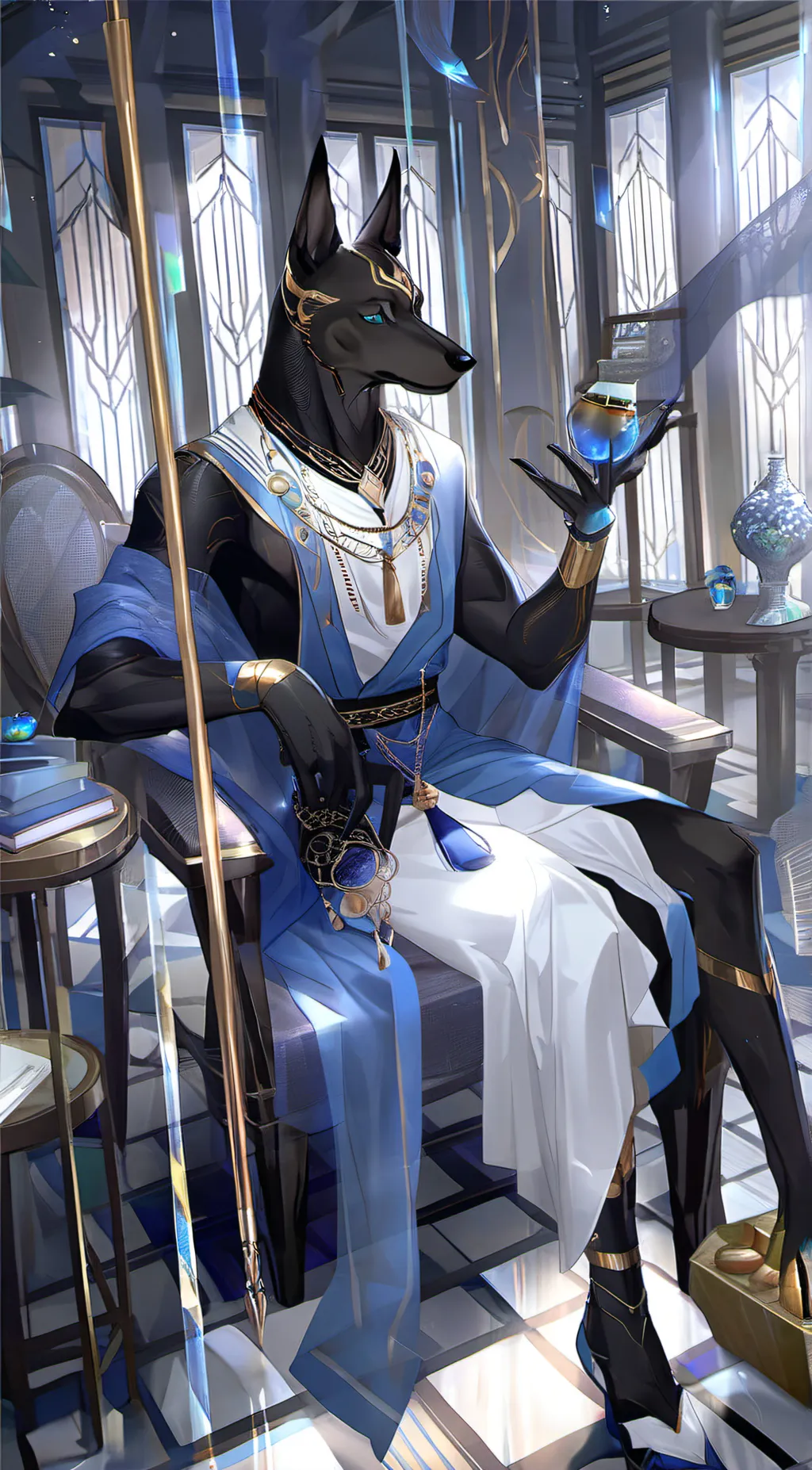 ai character: Anubis  background