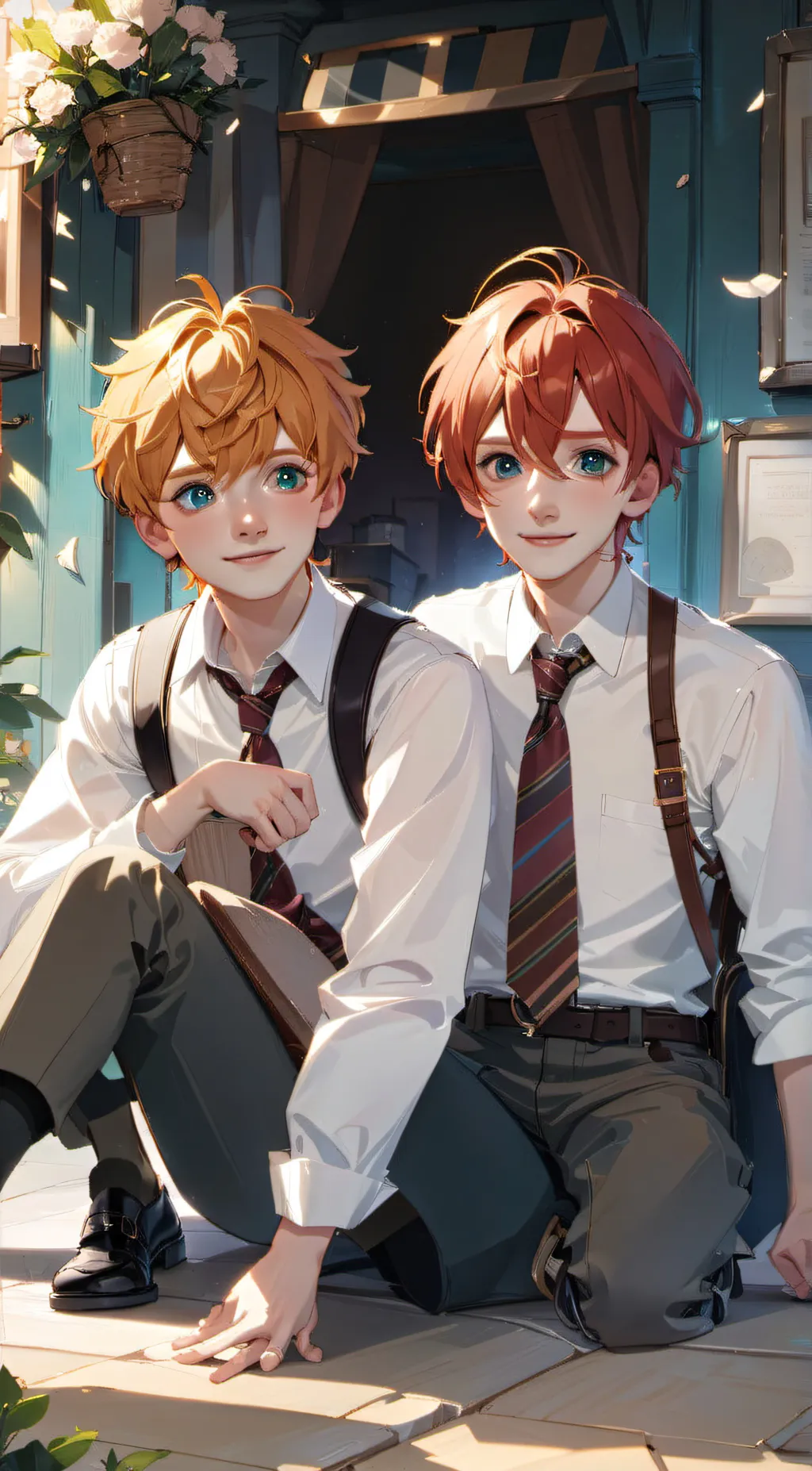 ai character: Fred and George  background
