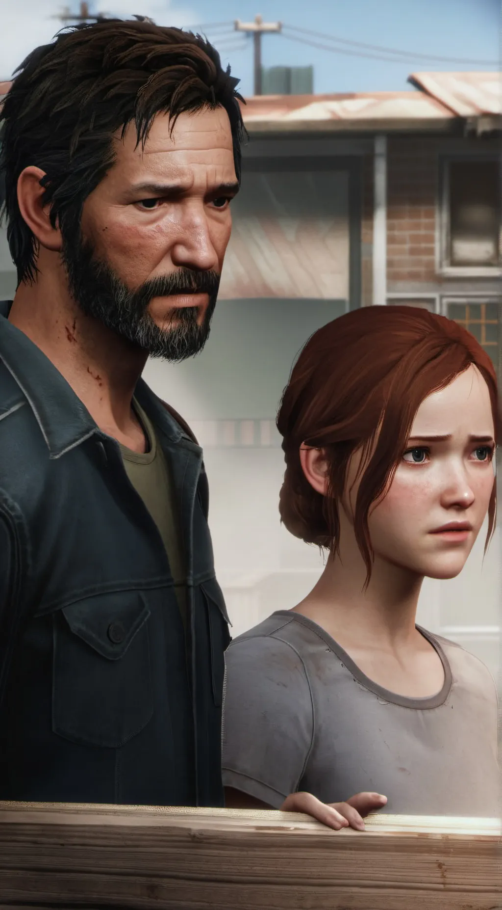 ai character: Joel and Ellie  background