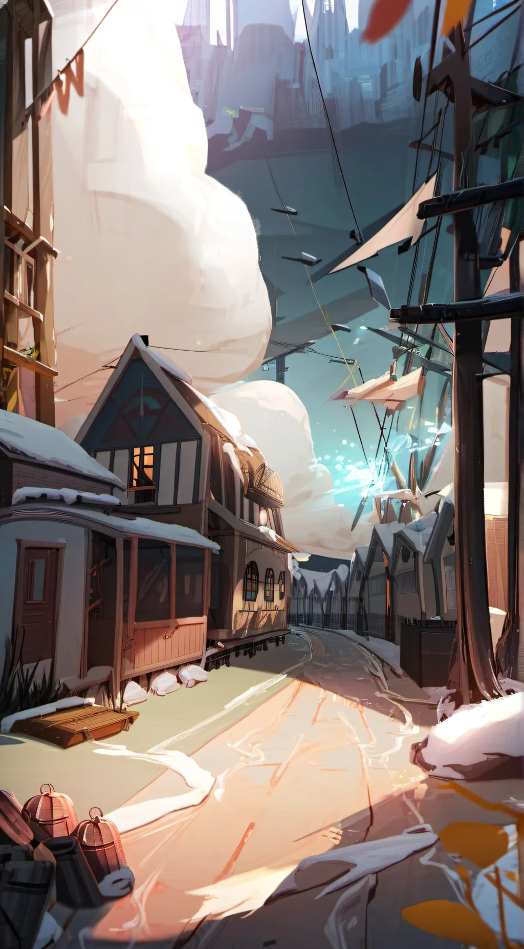 ai character: the snowy village background