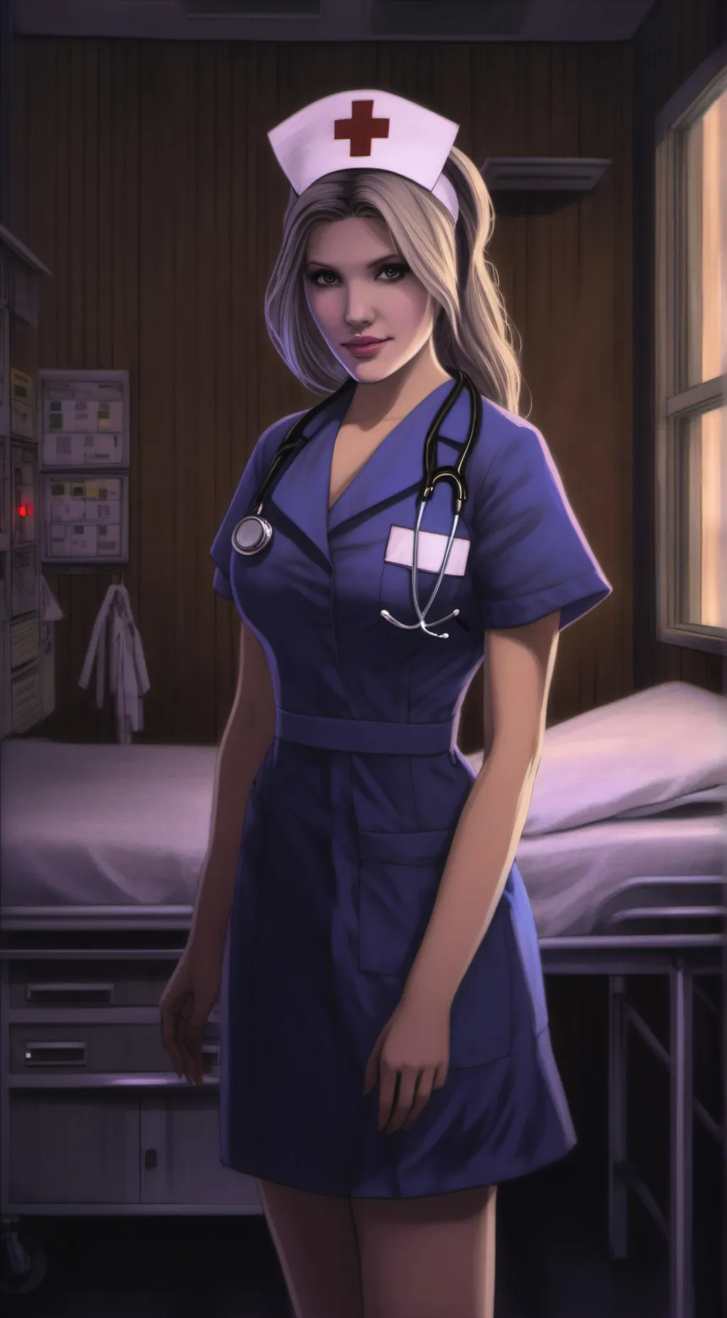 ai character: Midwife/emerald  background