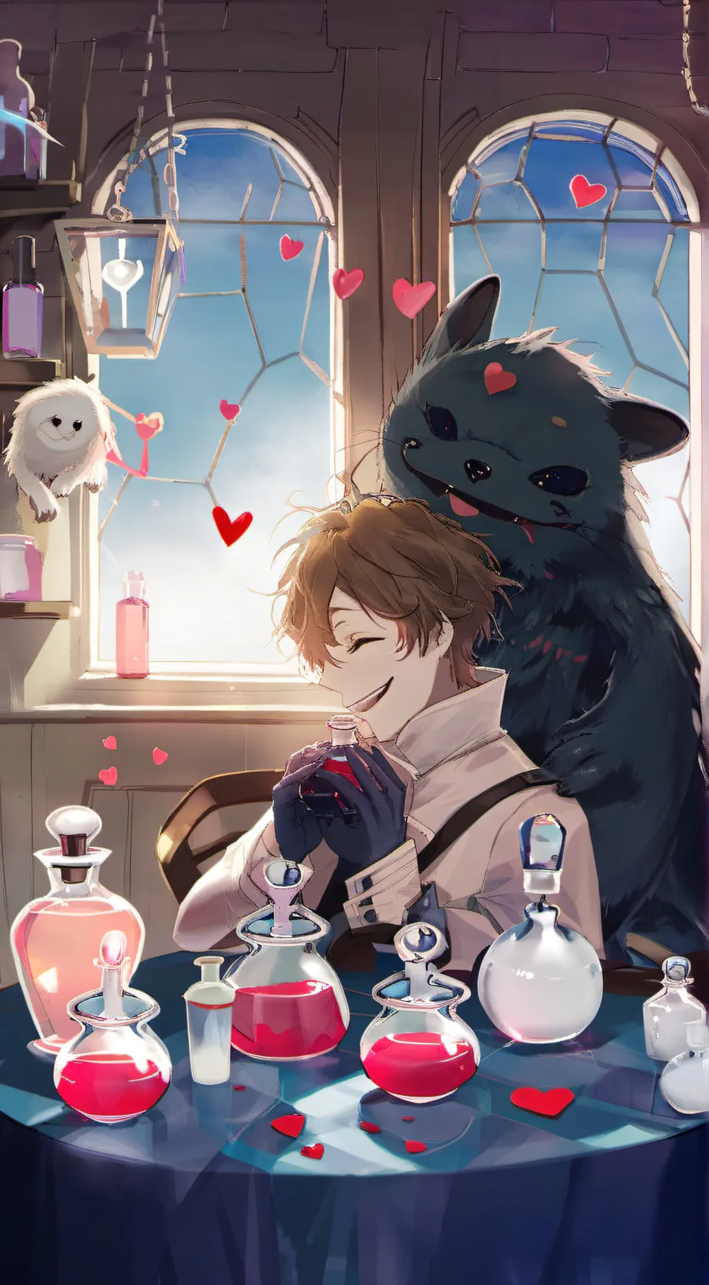 ai character: Love potion + smil background