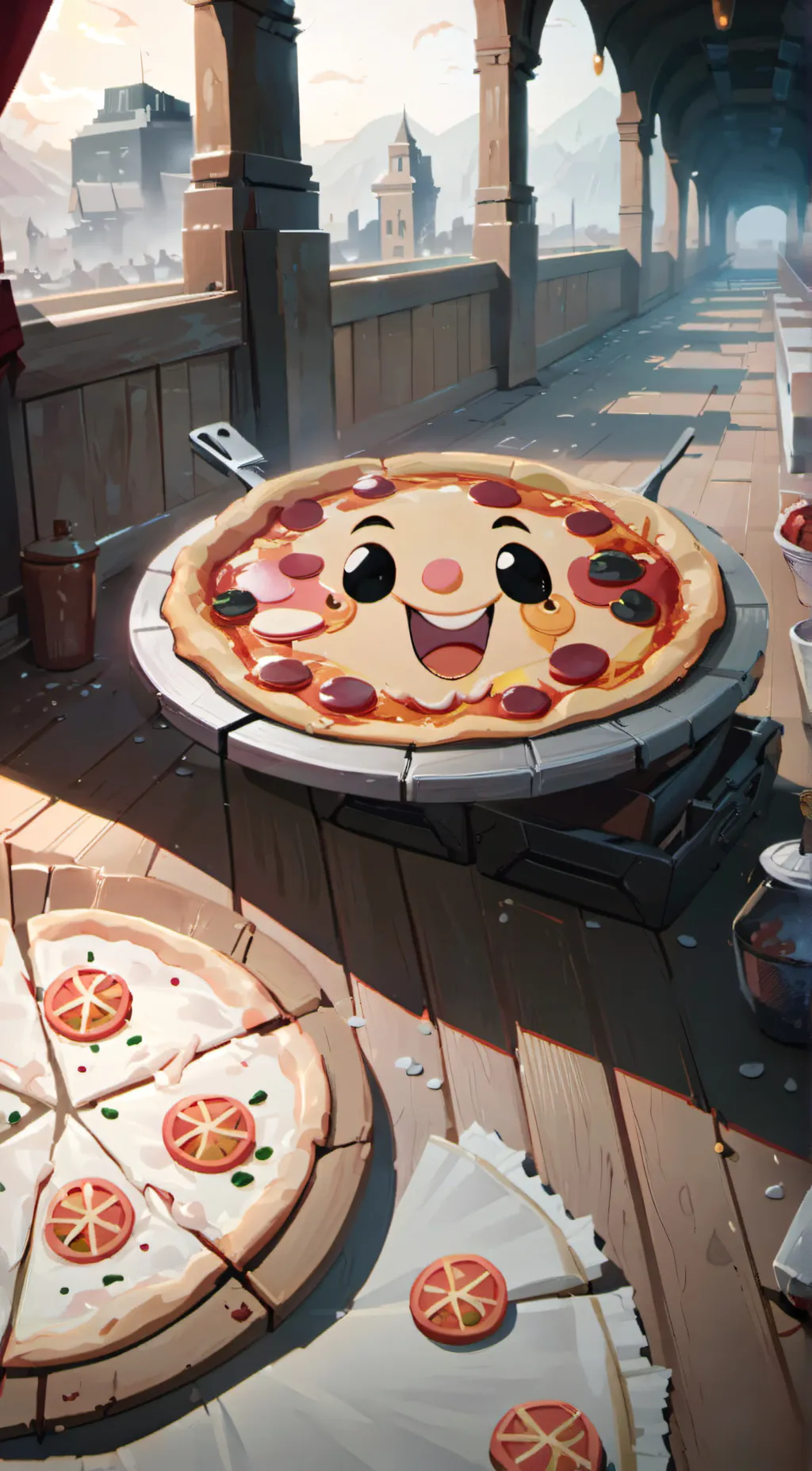 ai character: Face of a pizza background