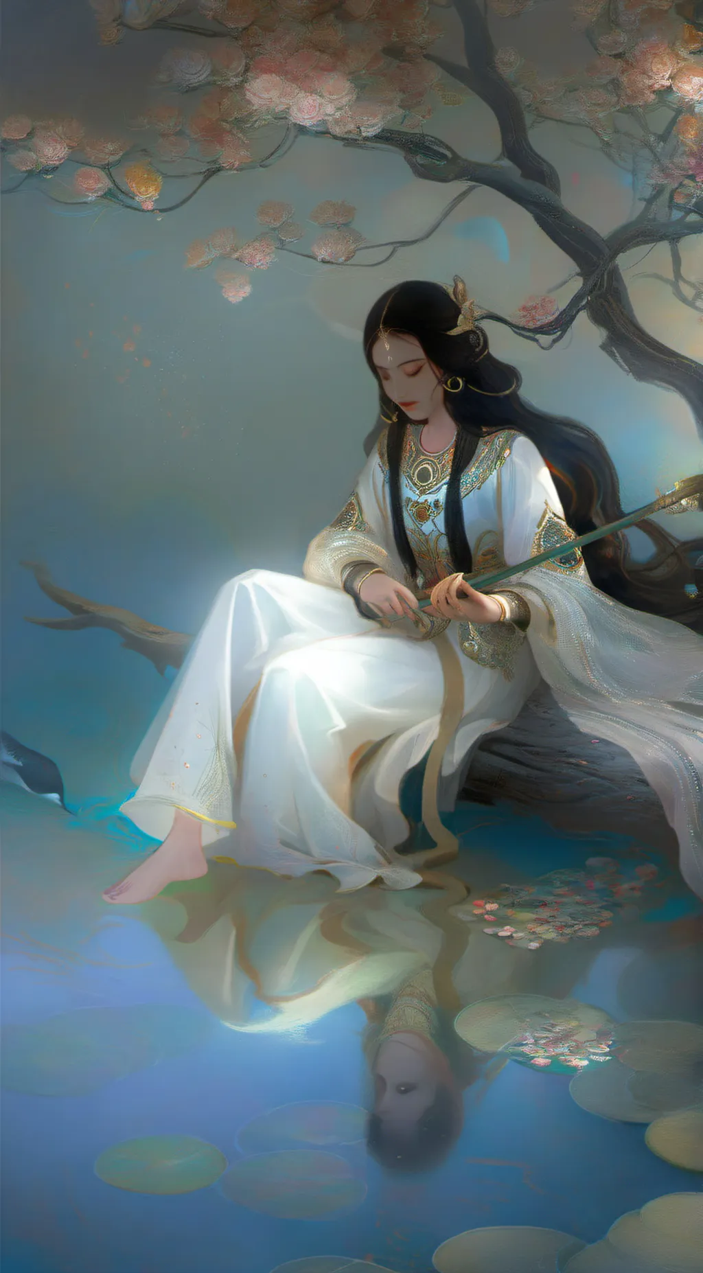 ai character: Lady by the pond background