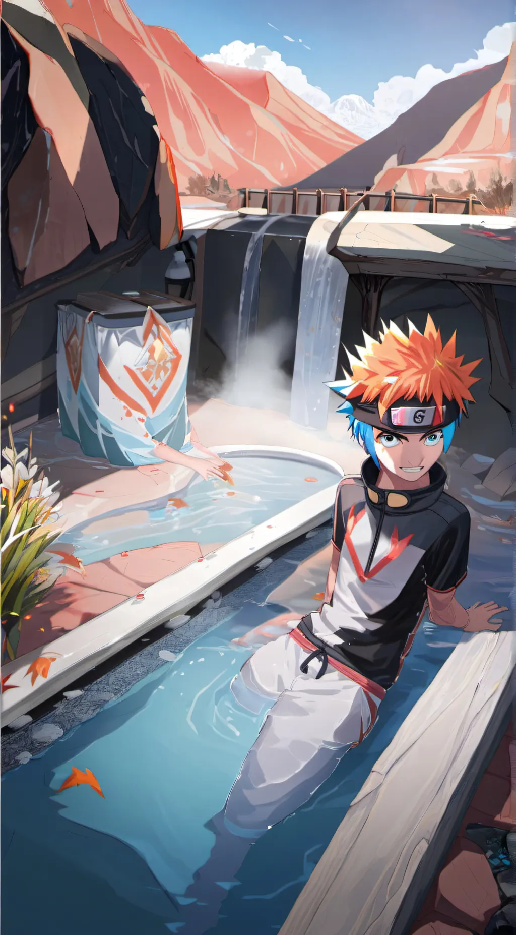 ai character: Naruto hot springs background