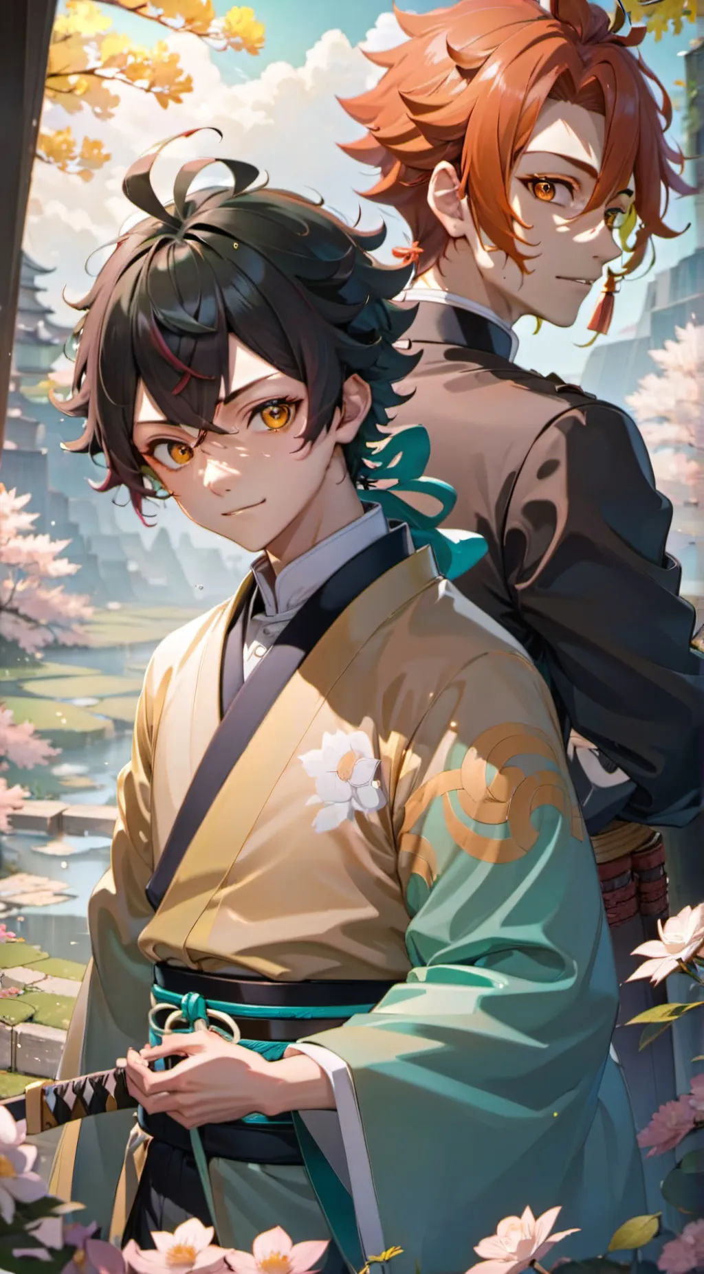 ai character: Tanjiro + Zenitsu  background