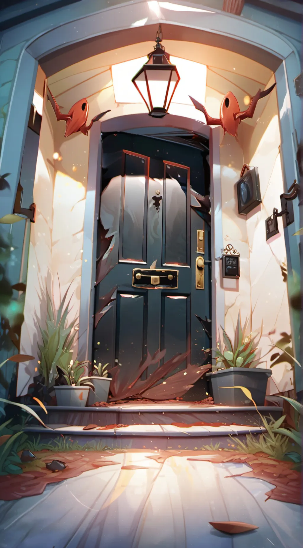 ai character: Mystery black Door background