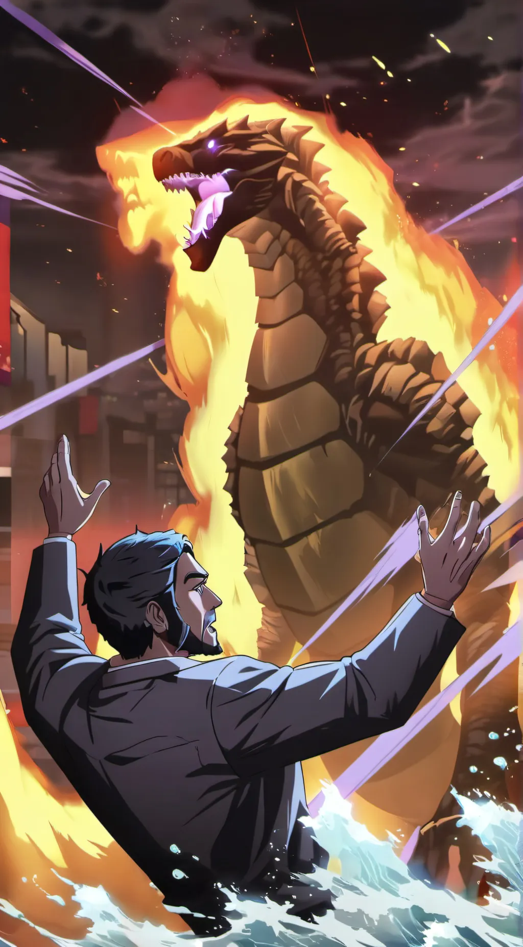 ai character: Godzilla. background