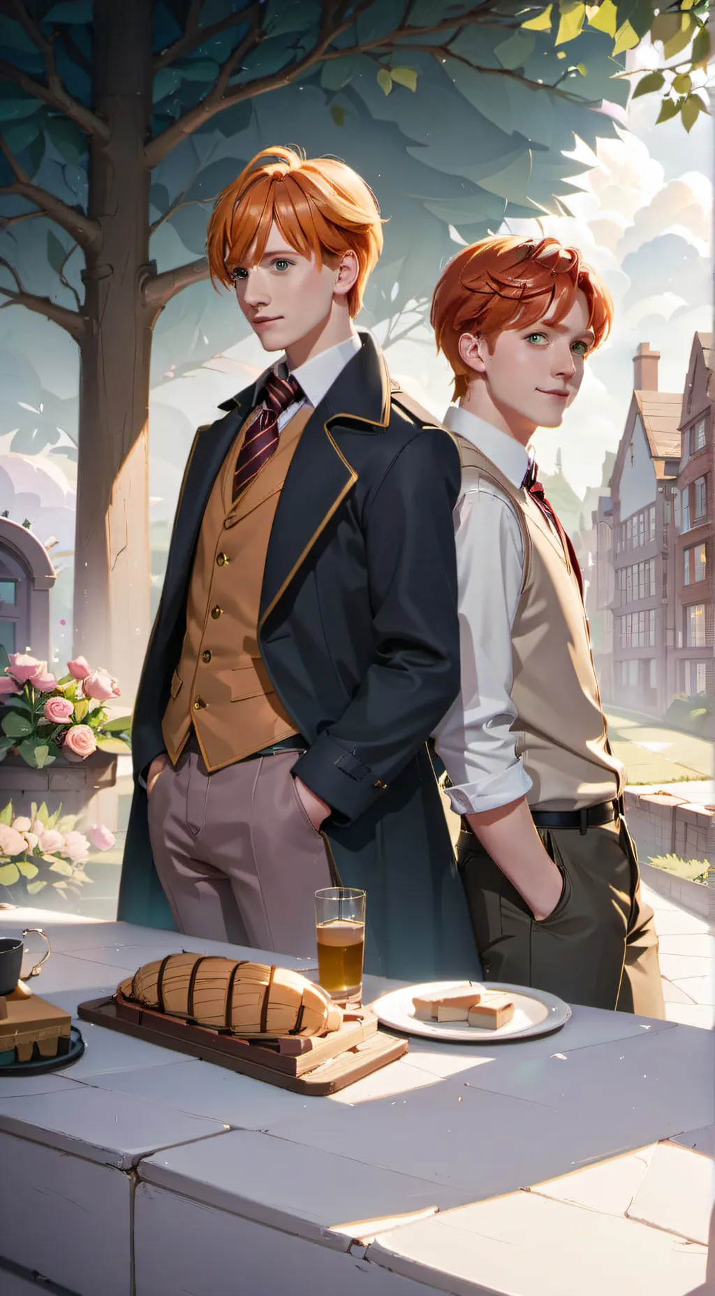 ai character: Fred & George  background