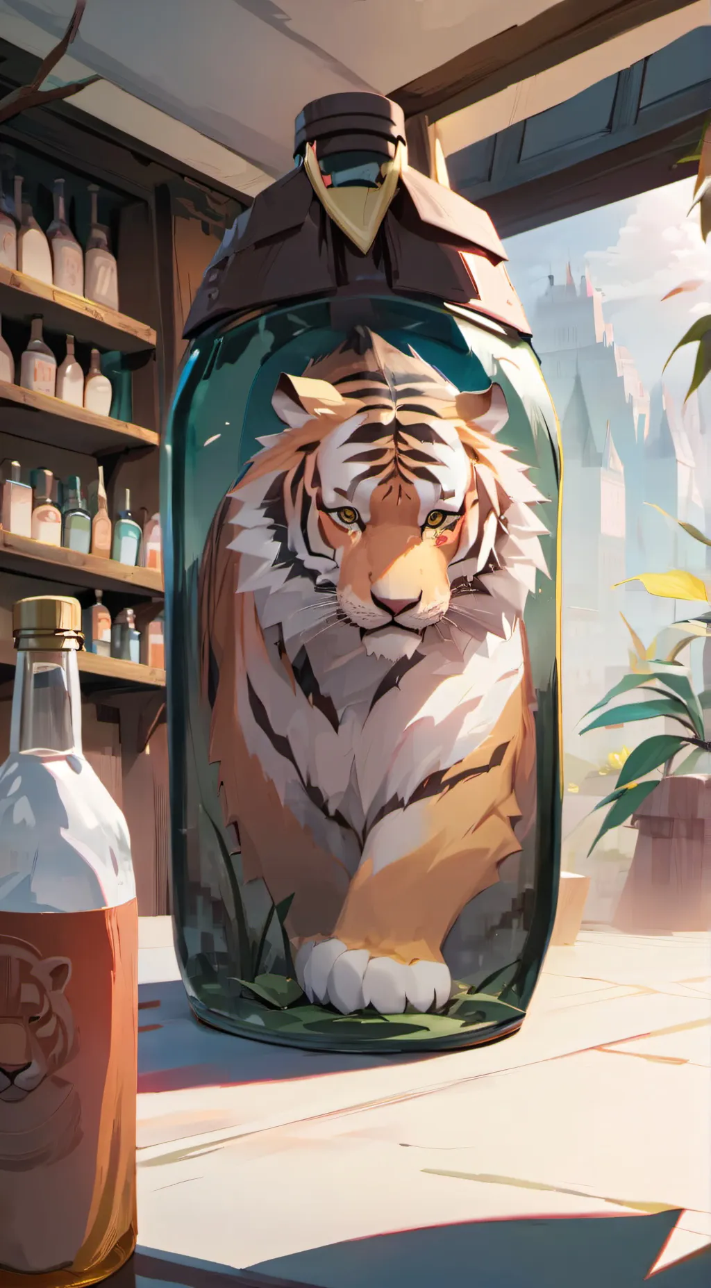ai character: Tiger in a Bottle background