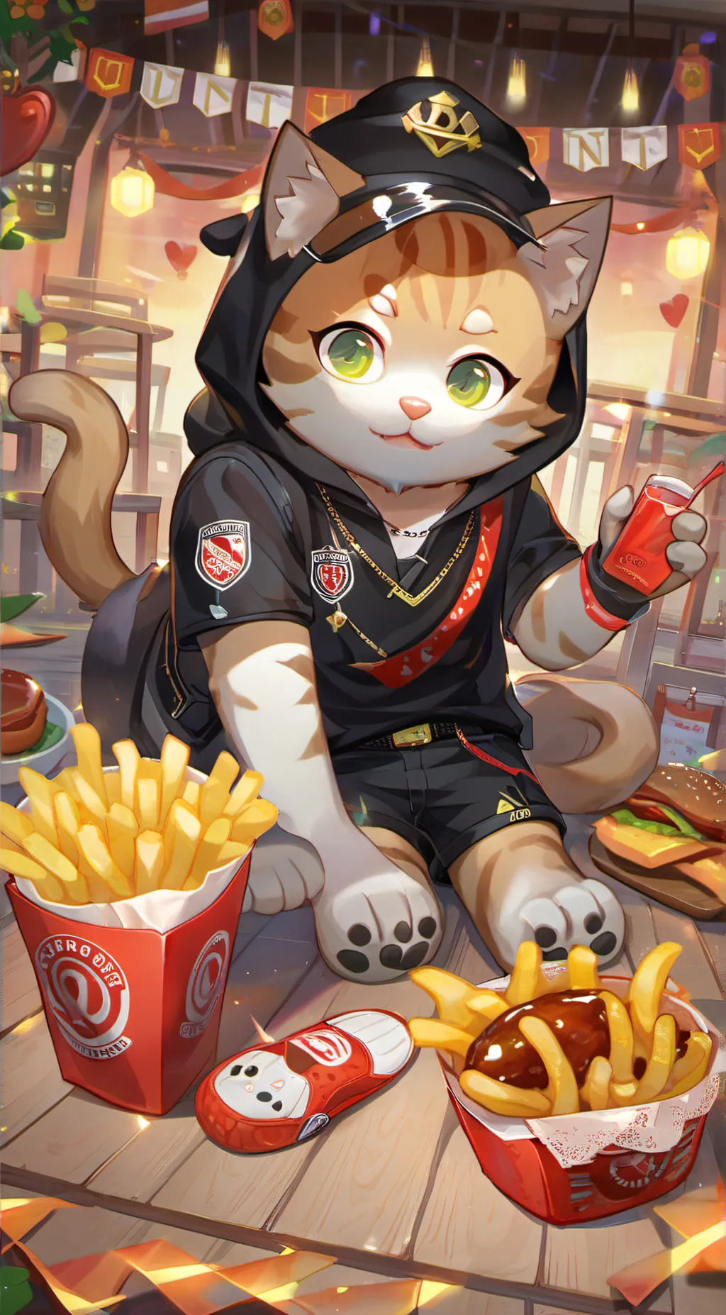 ai character: kitten in fries 🍟 background