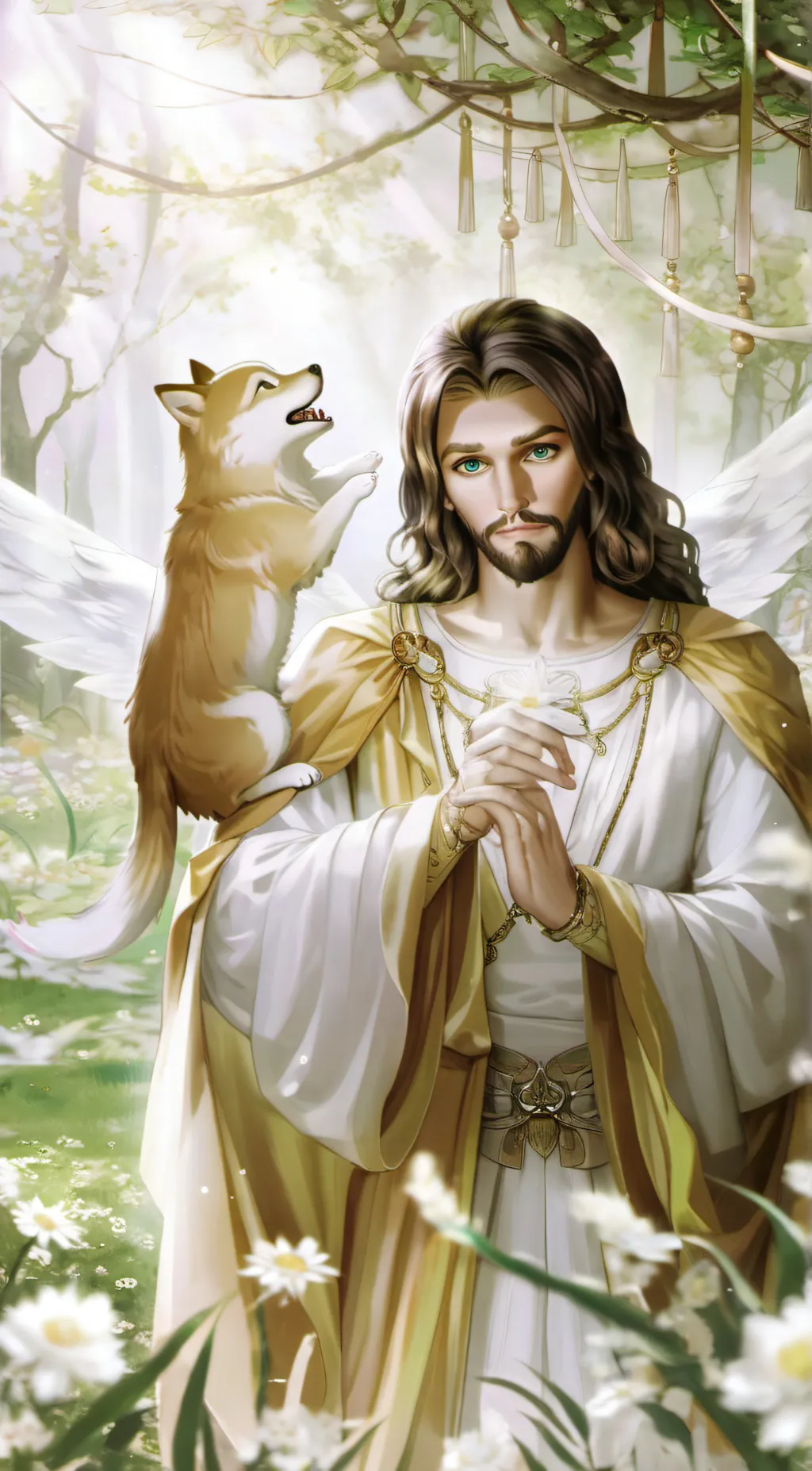 ai character: Jesus and wolf  background