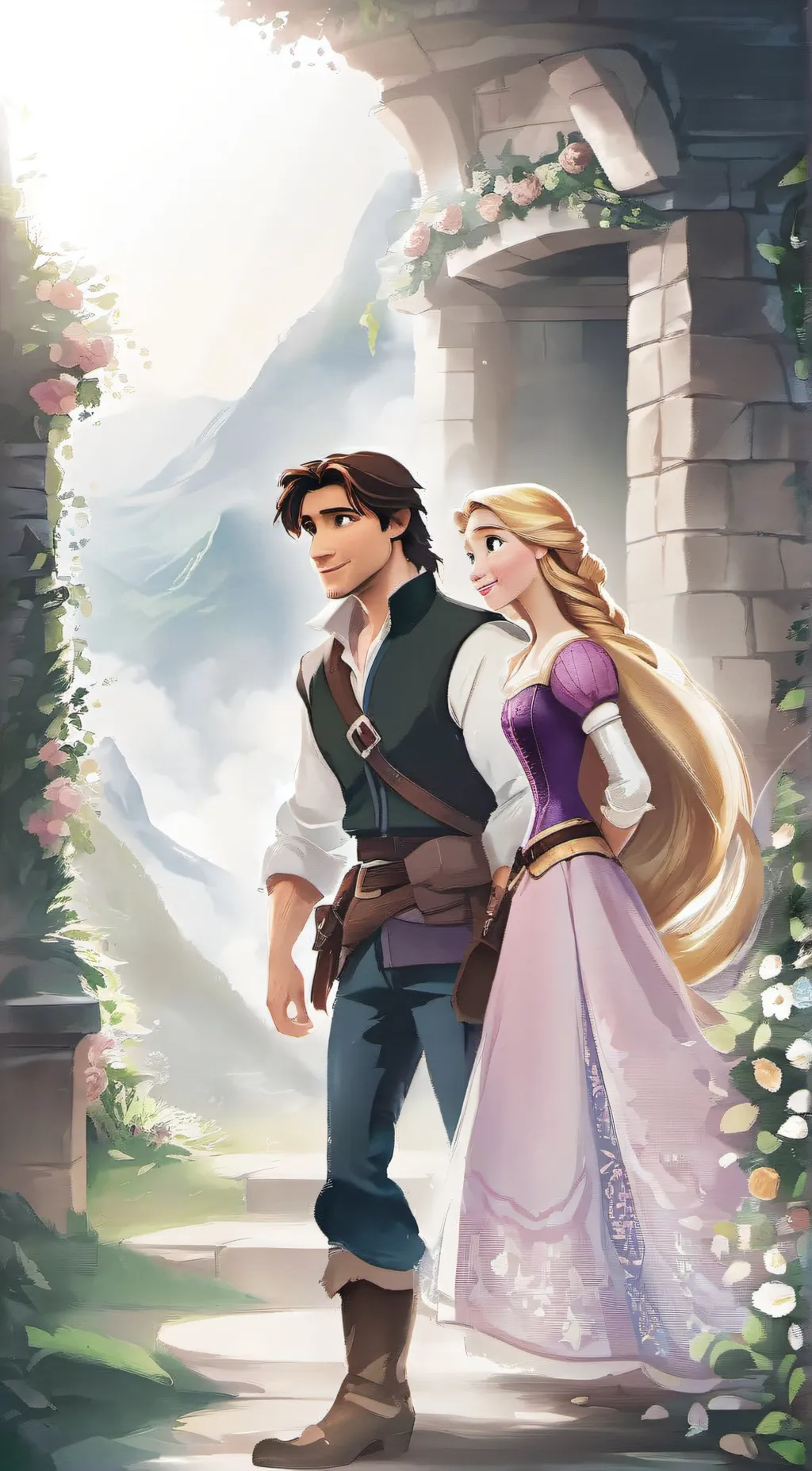 ai character: Rapunzel and flynn background