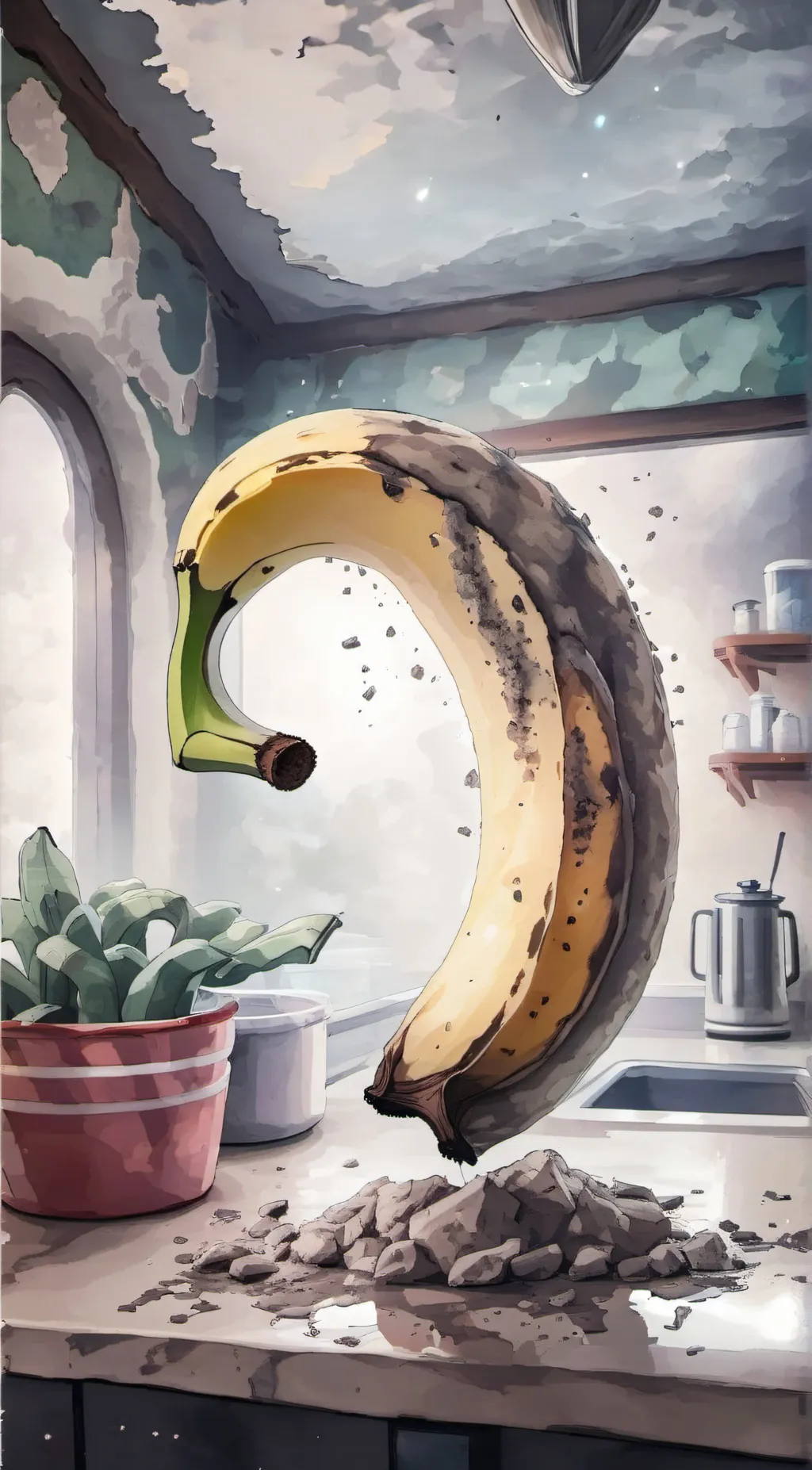 ai character: Moldy banana  background