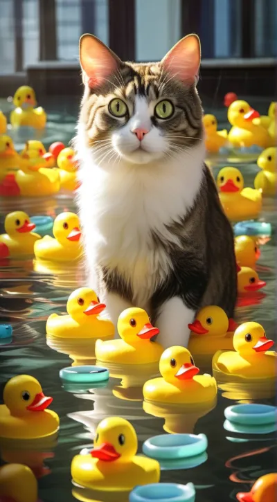 Cat with rubber fashion ducks