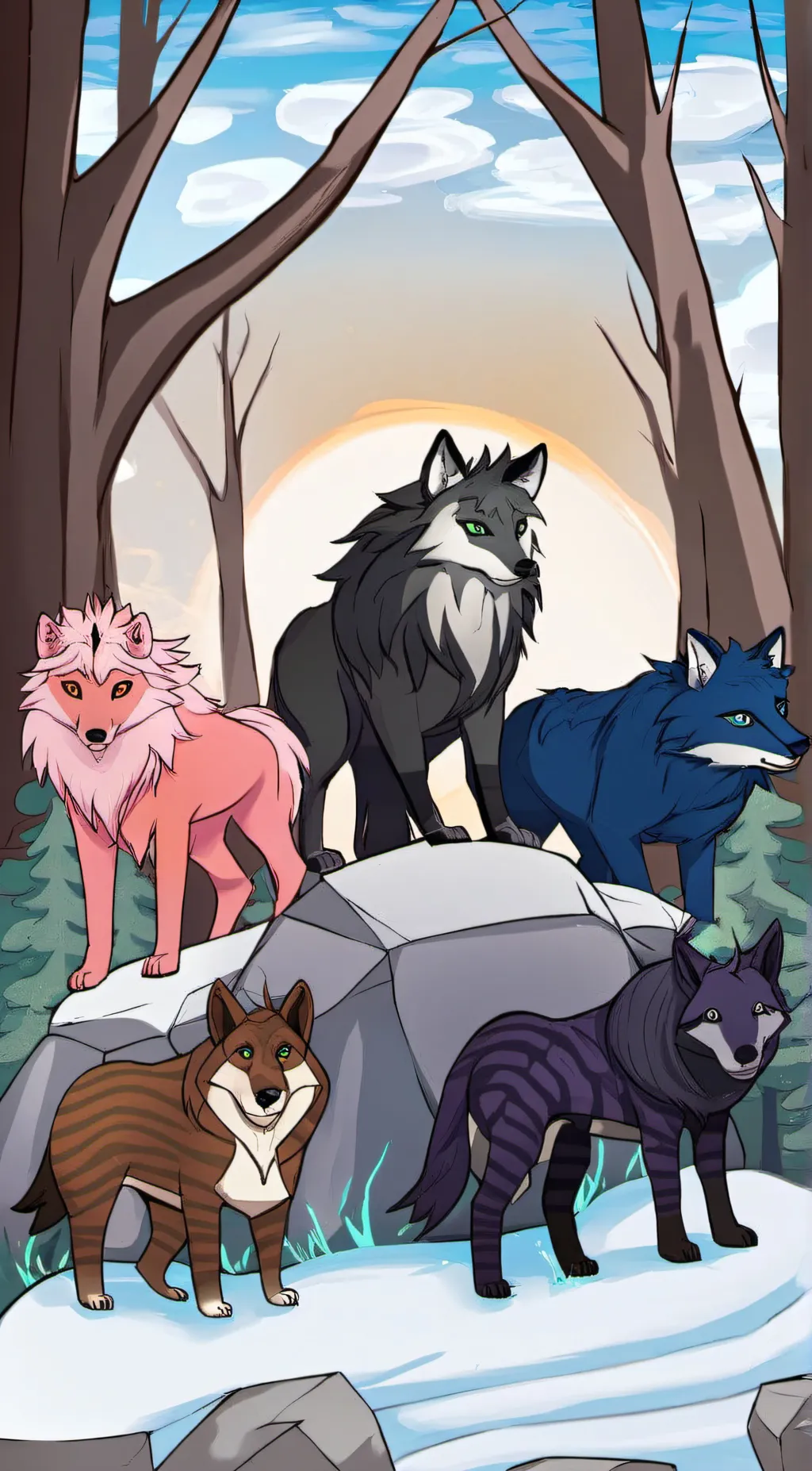 ai character: colorful wolf pack background