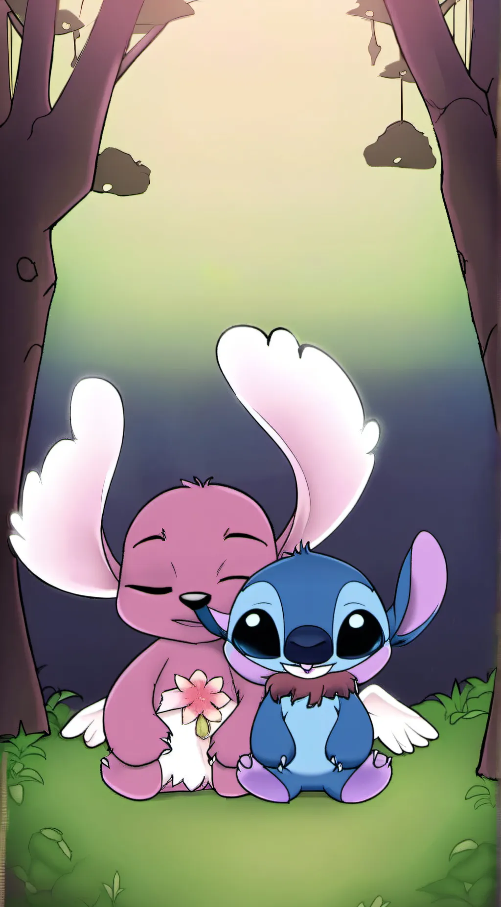 ai character: Stitch and Angel background