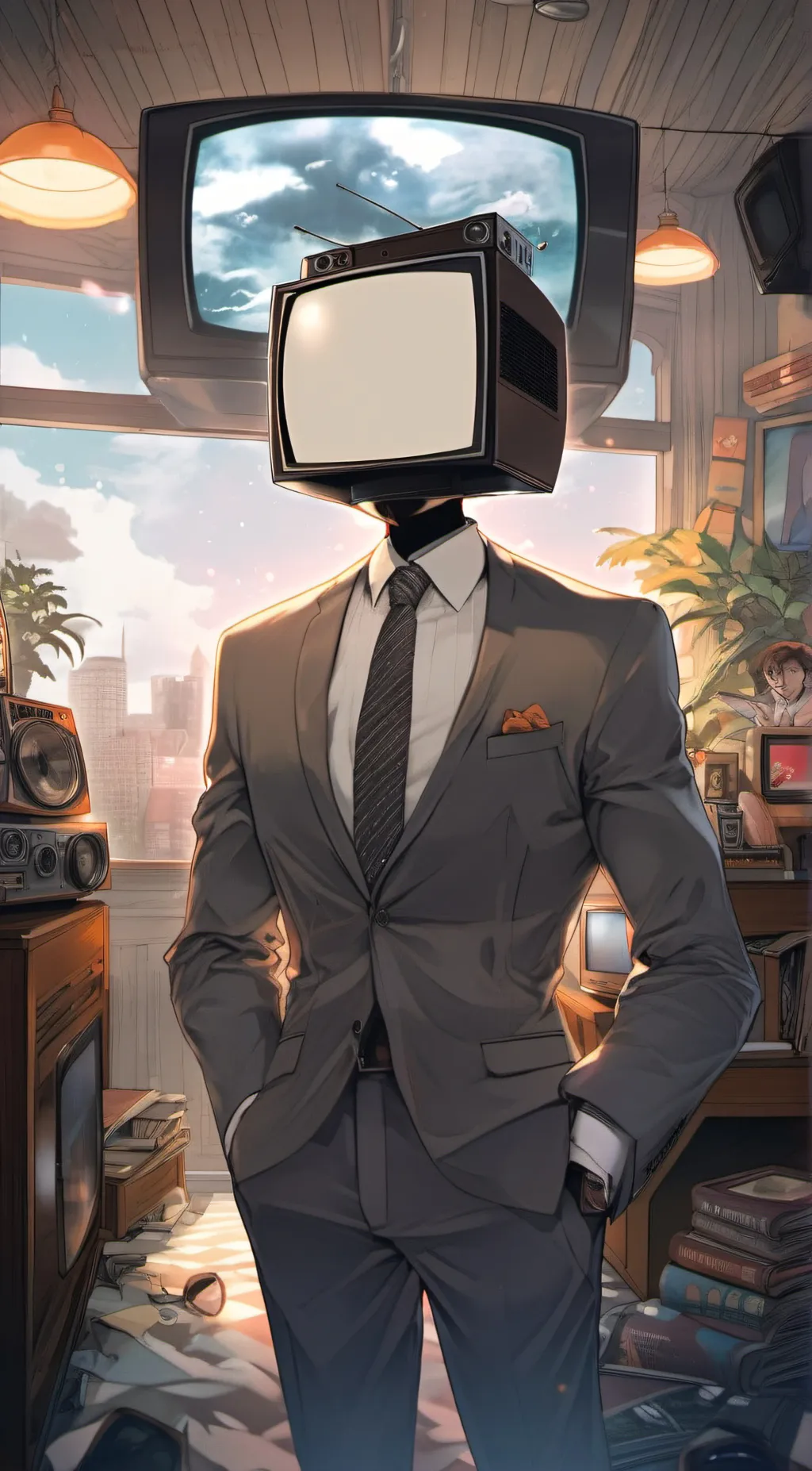 ai character: TV man  background