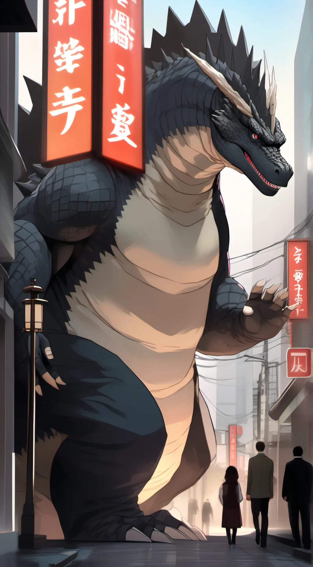 ai character: hesei godzilla  background