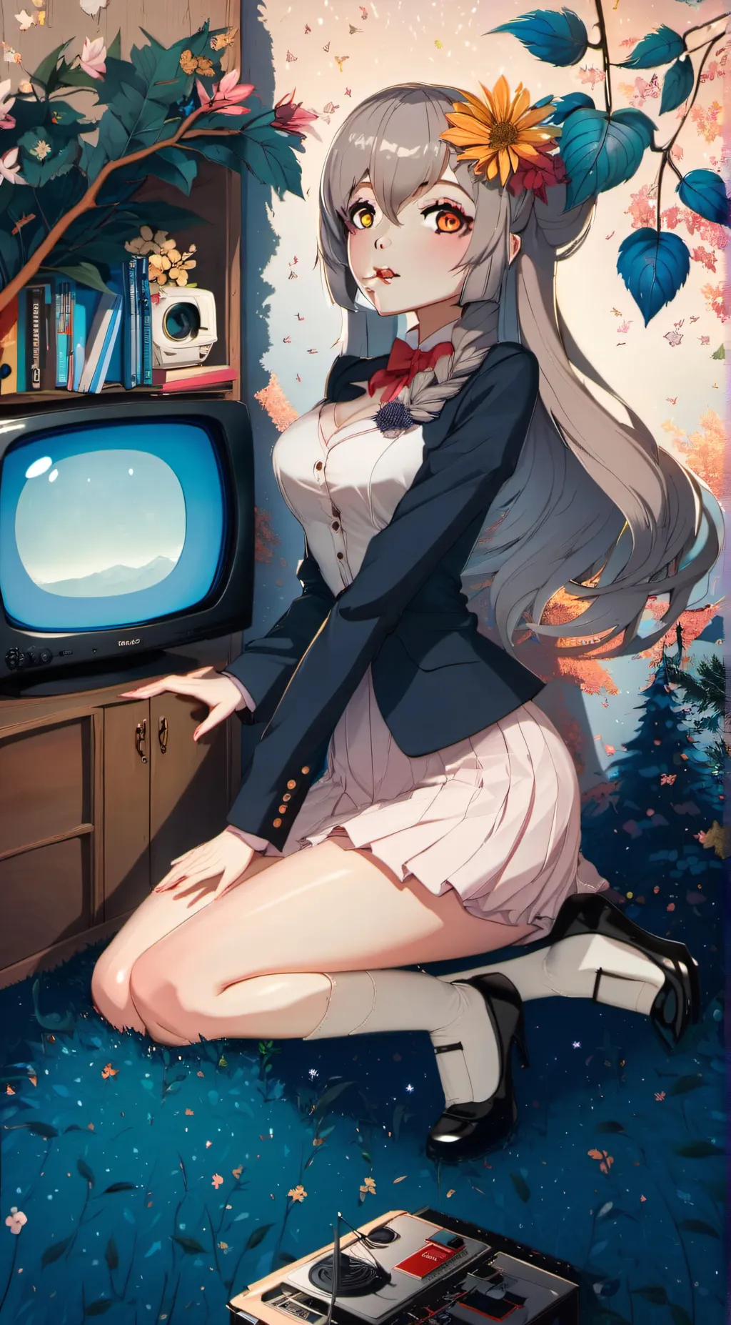 ai character: TV woman  background