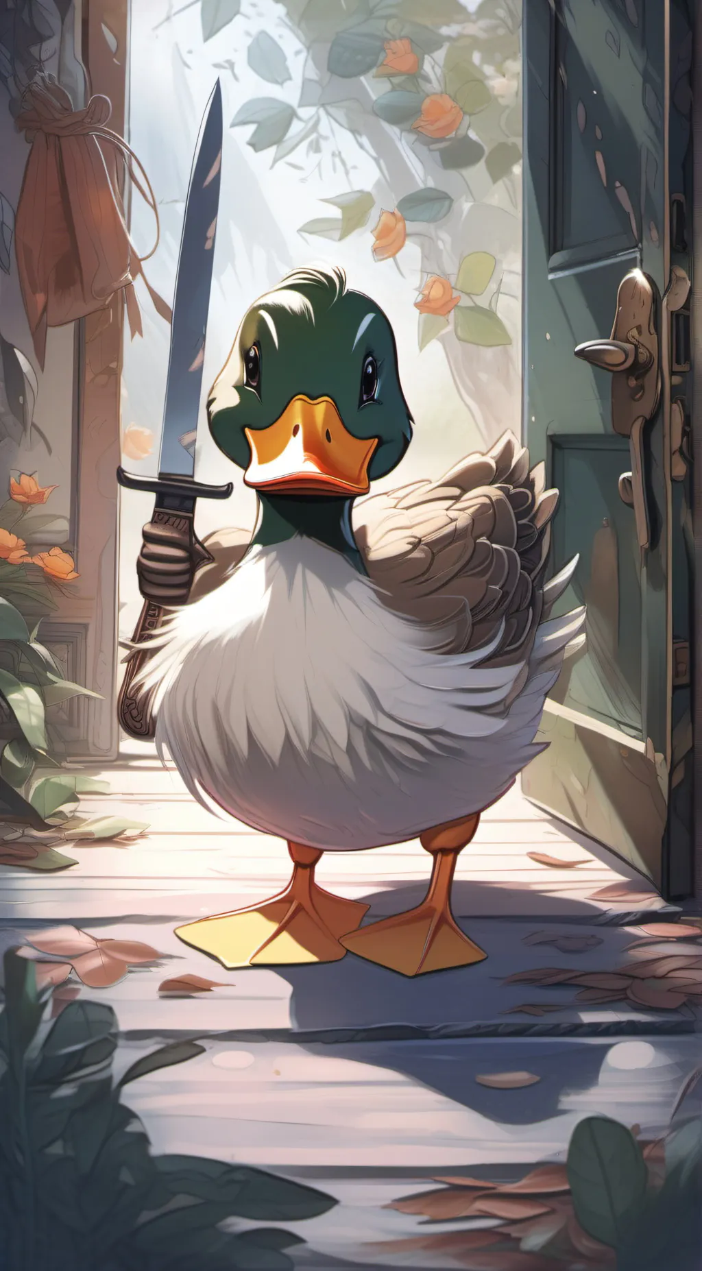 ai character: duck with a knife background