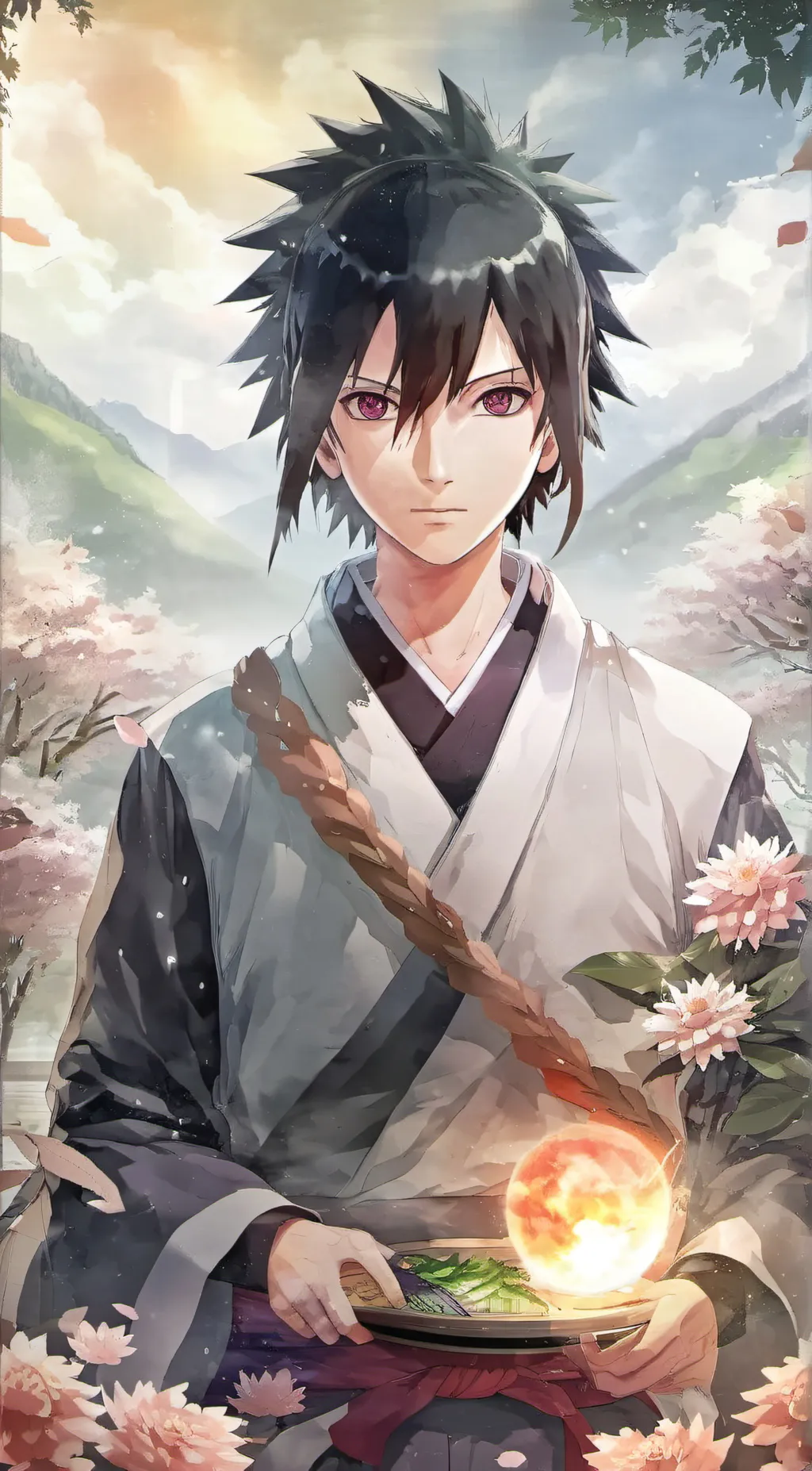 ai character: Saskue uchiha taka background