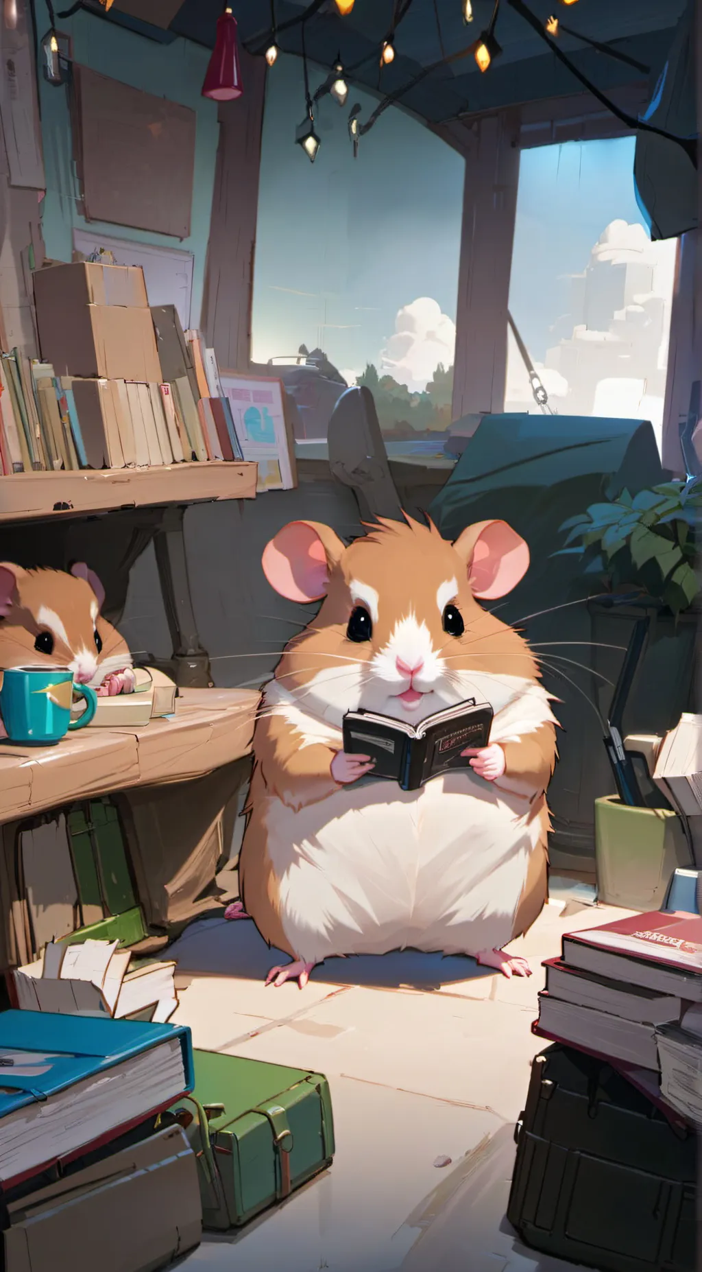 ai character: NERD MEME HAMSTER  background