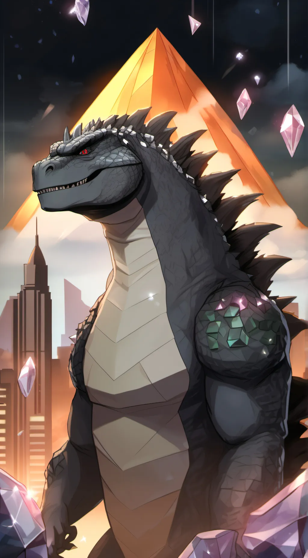 ai character: Space, Godzilla background