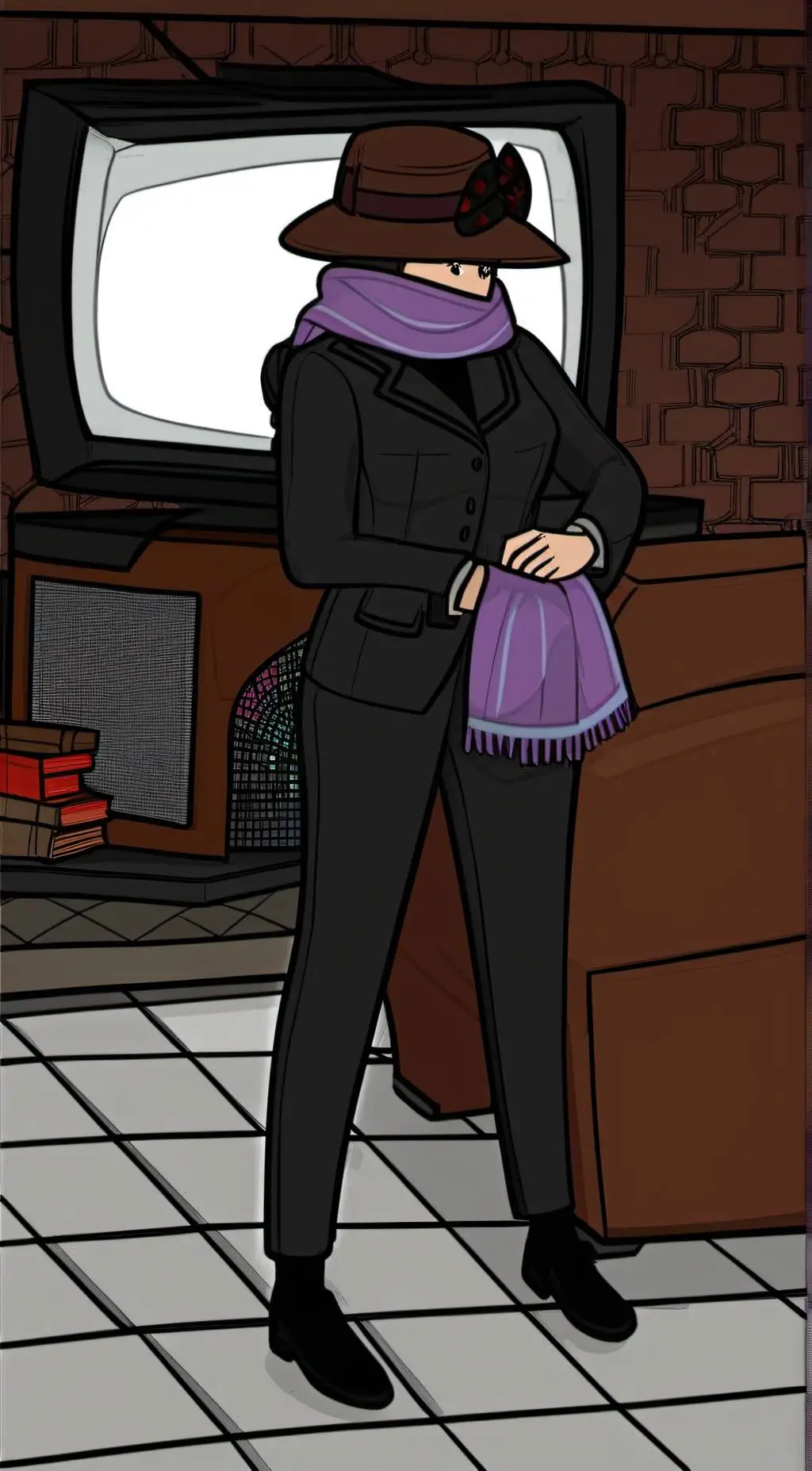 ai character: tv women+brown cam background