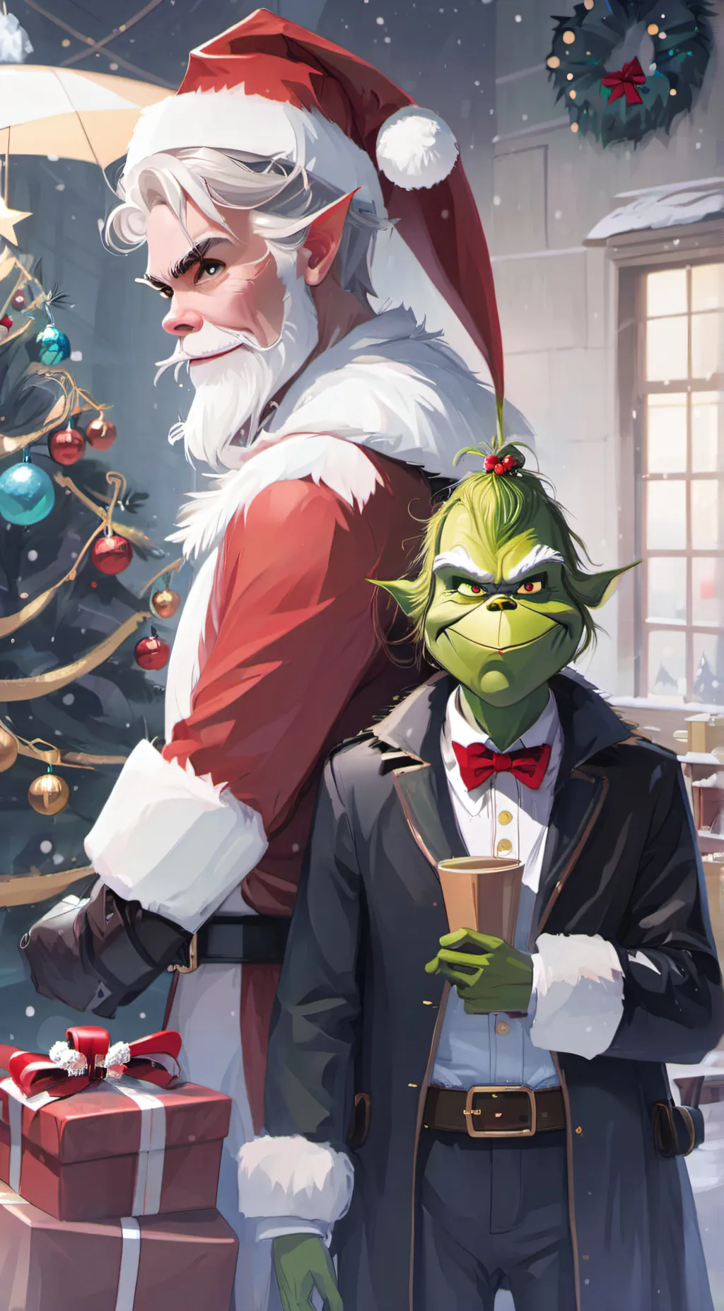 ai character: Santa + The Grinch background