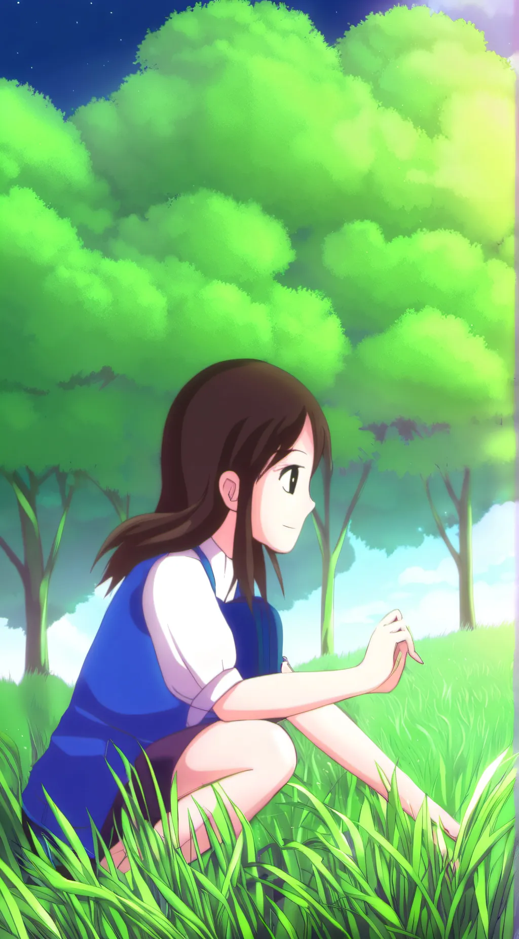 ai character: girl touchin grass background