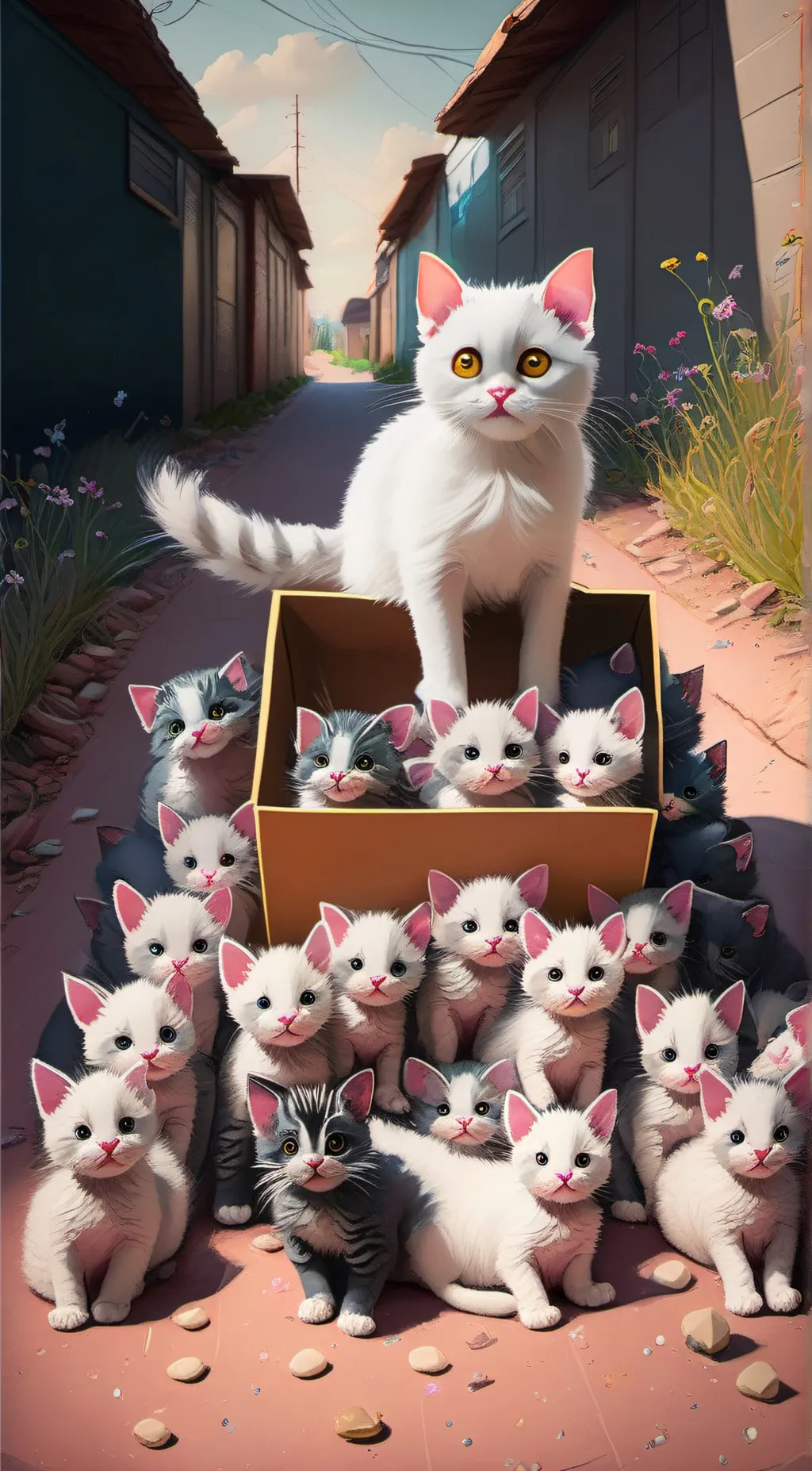 ai character: Mama + baby cats background