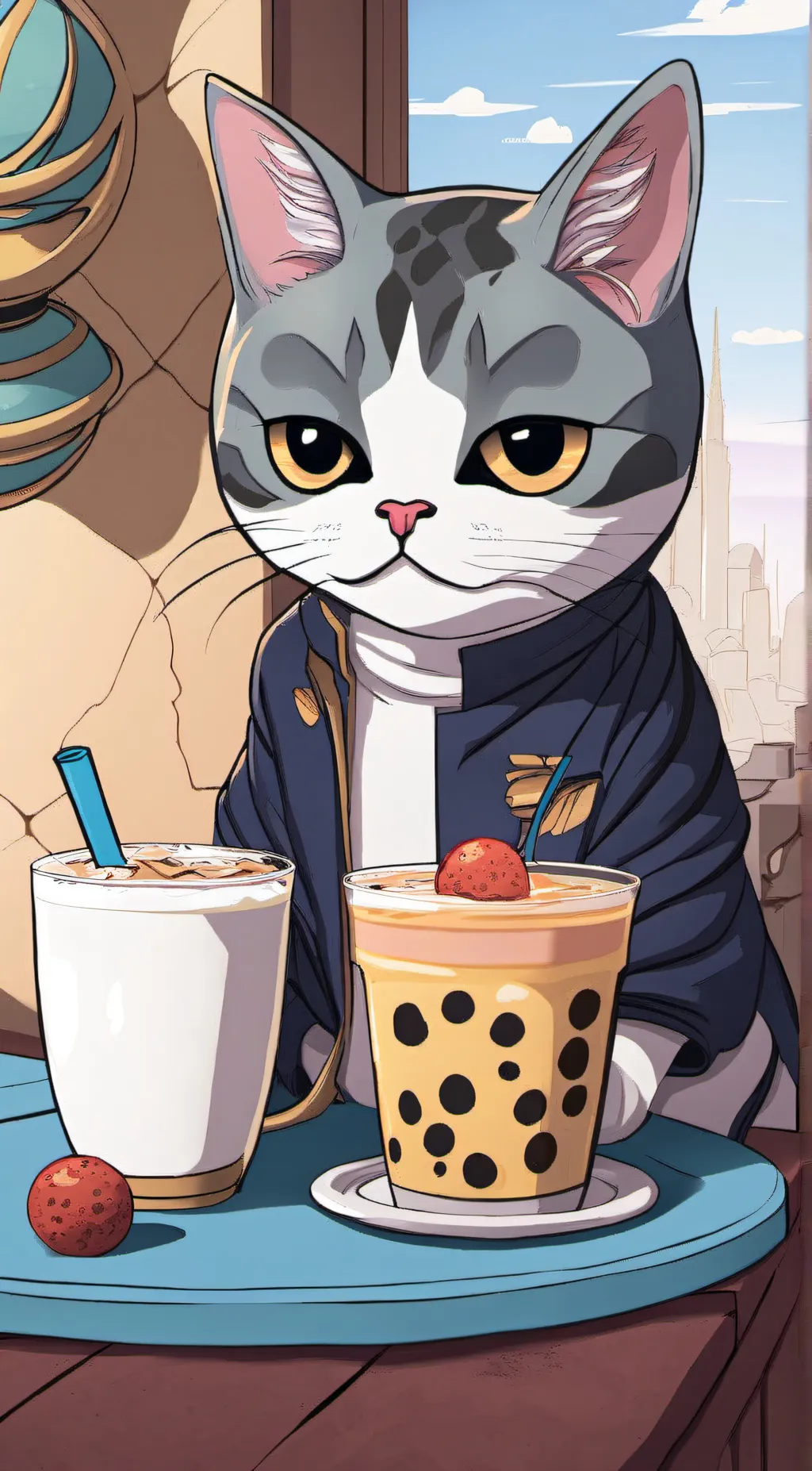 ai character: cat wid boba background