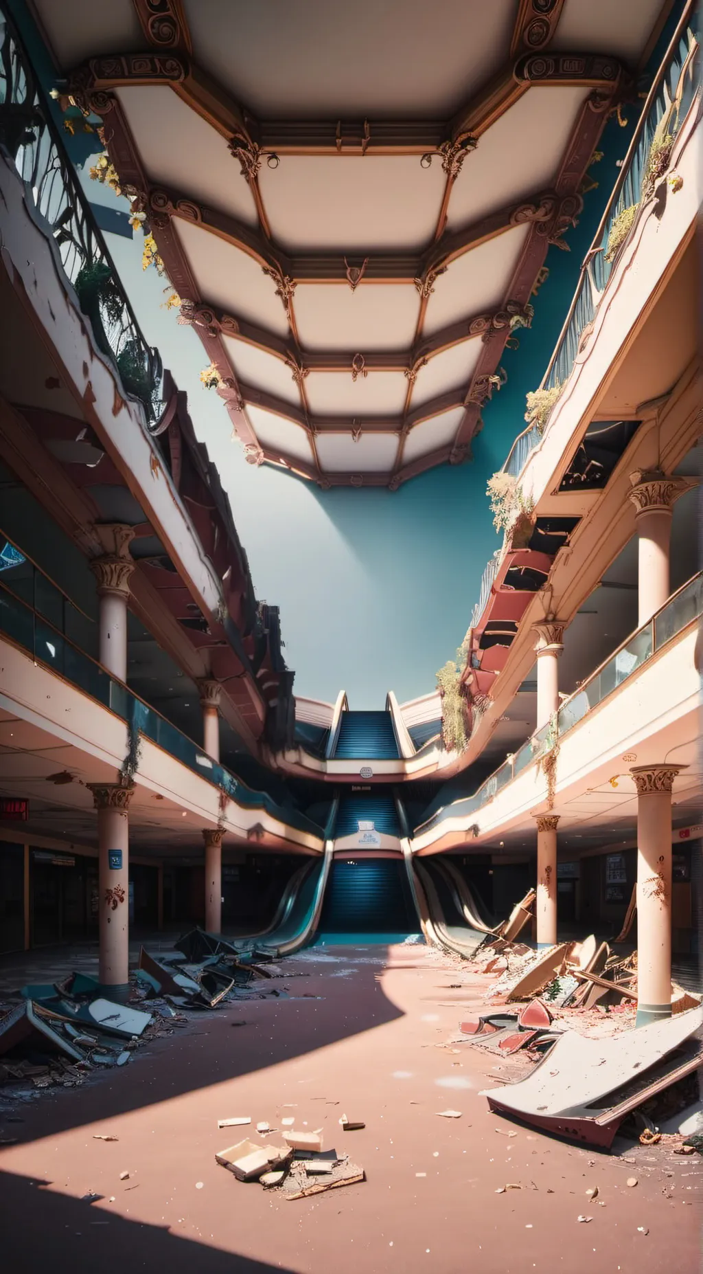 ai character: abandoned mall background