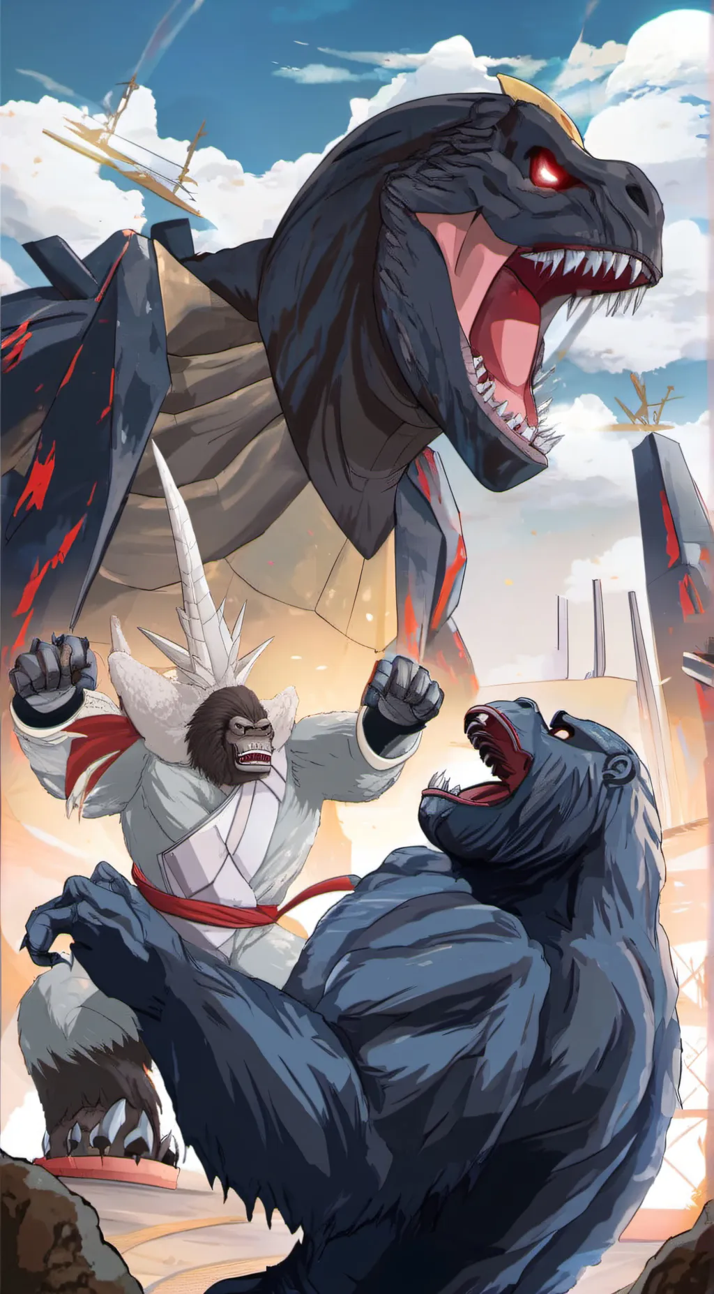 ai character: Kong and Godzilla  background