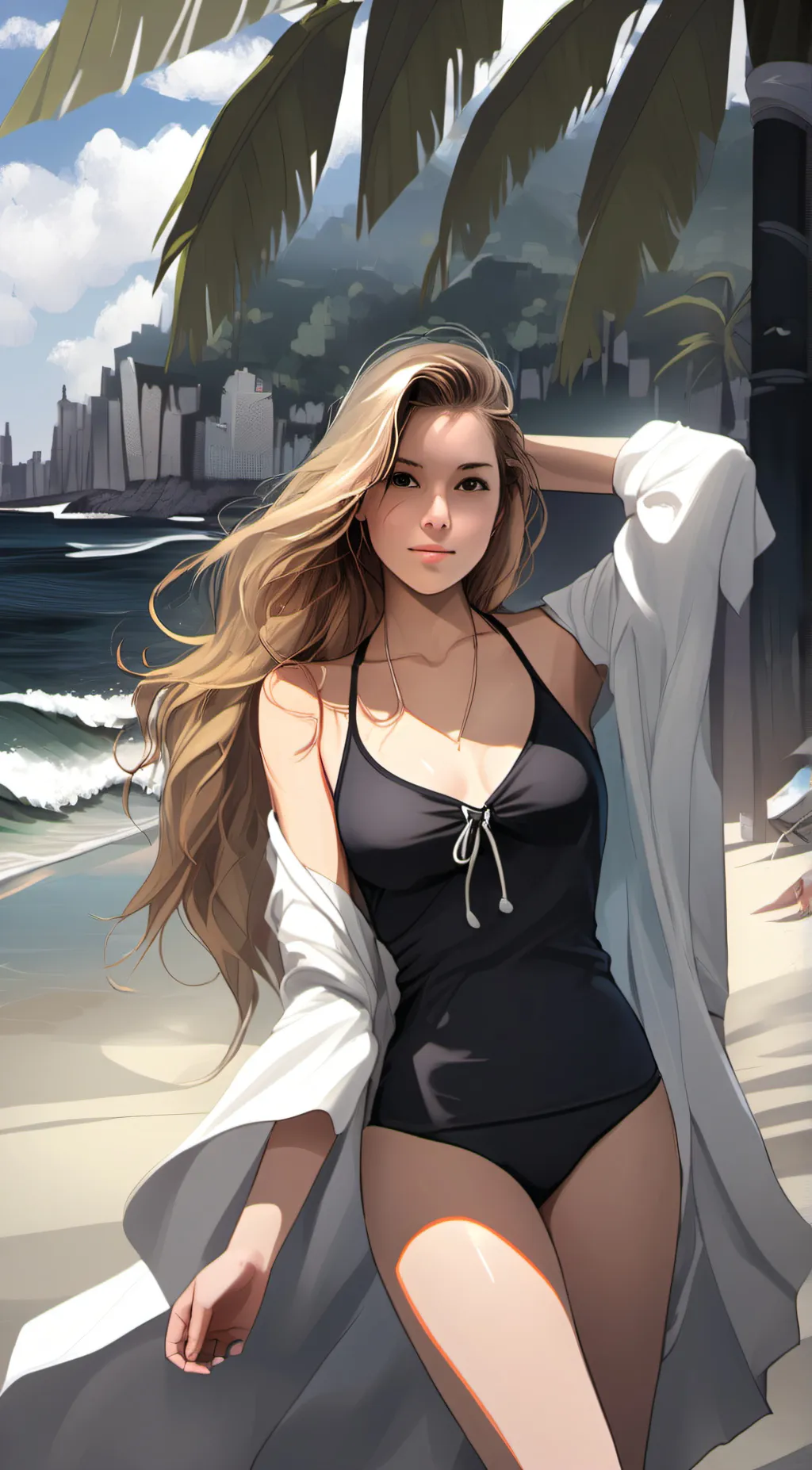 ai character: Pretty beach girl background