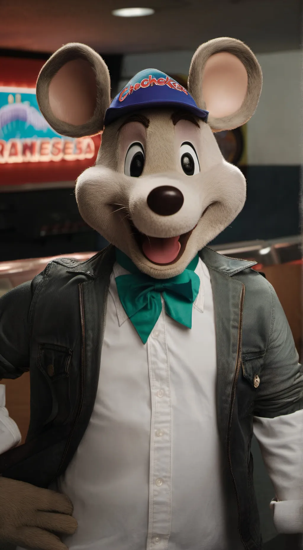 ai character: Chuck e cheese  background