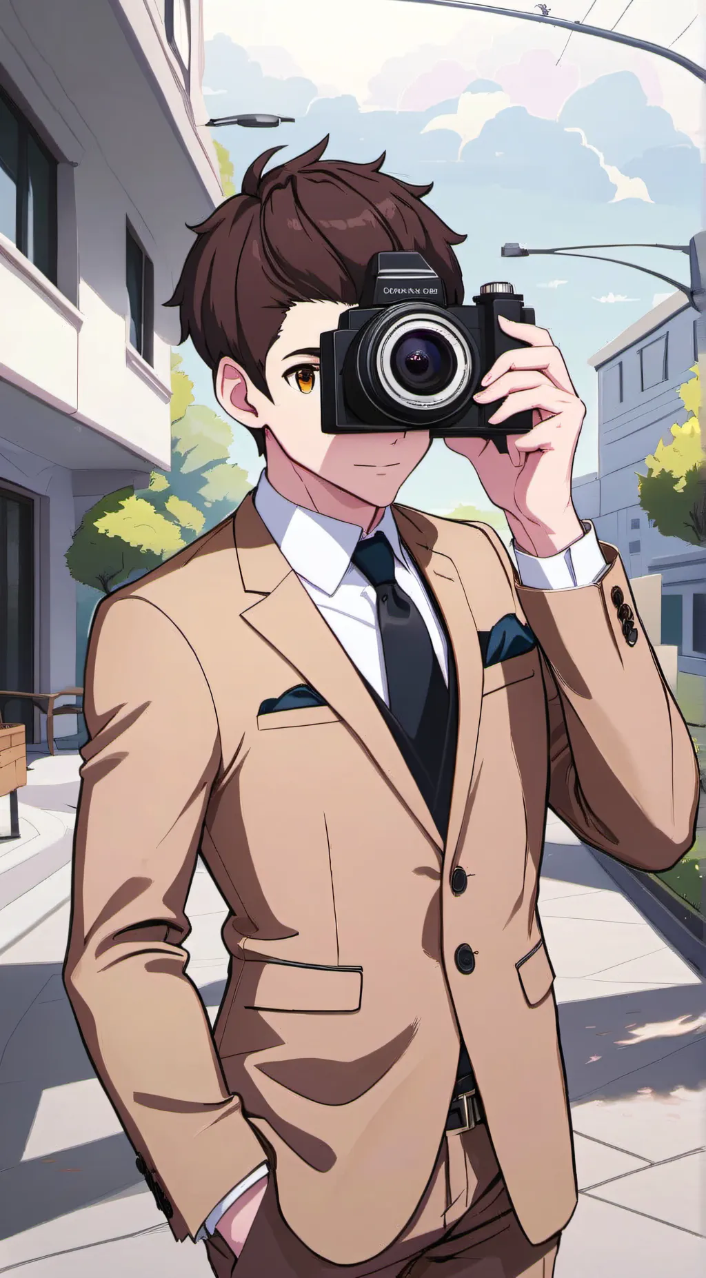 ai character: brown camera man  background