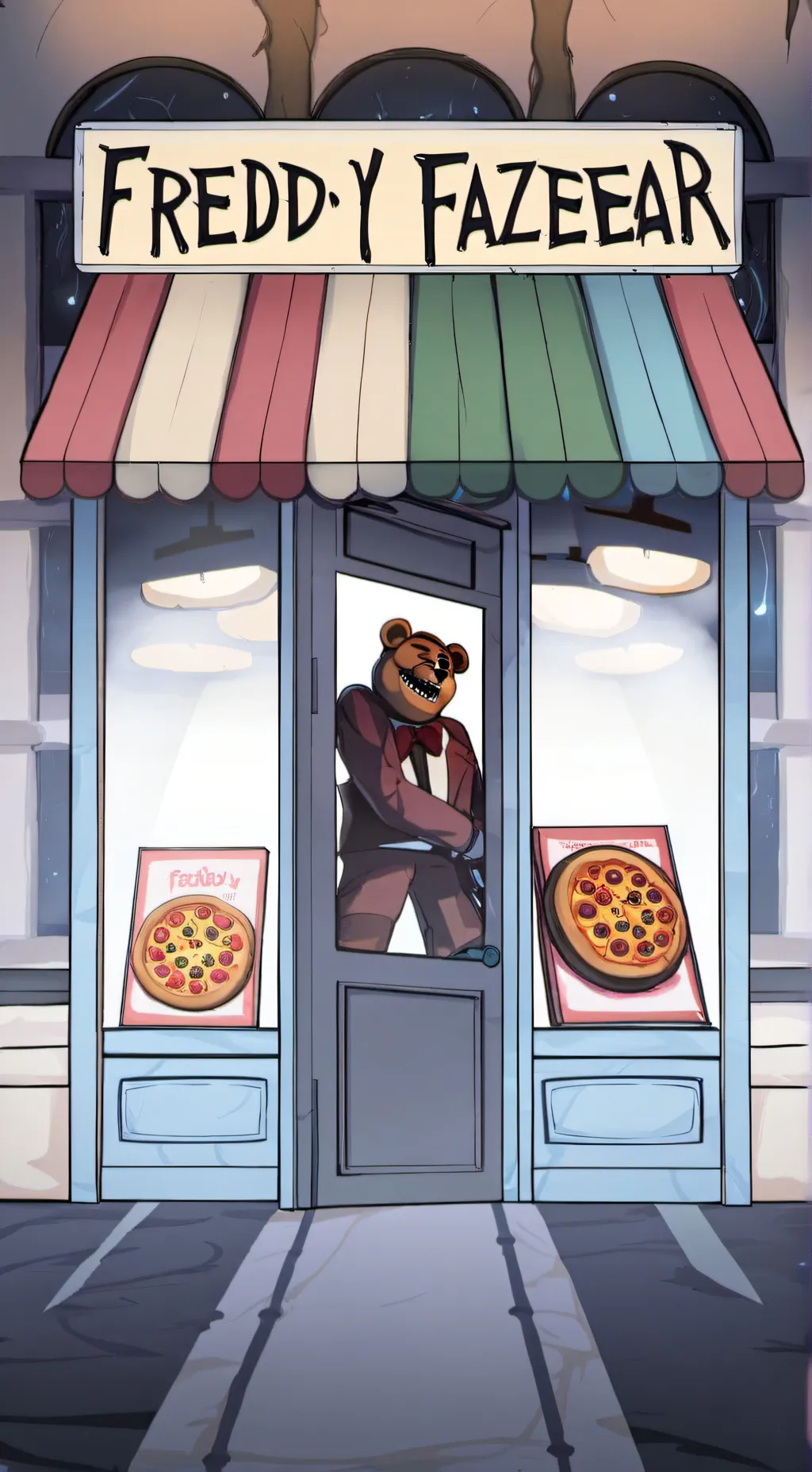 ai character: Freddy's pizza background