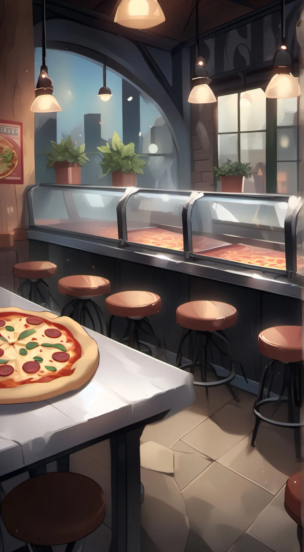 ai character: pizza parlor background