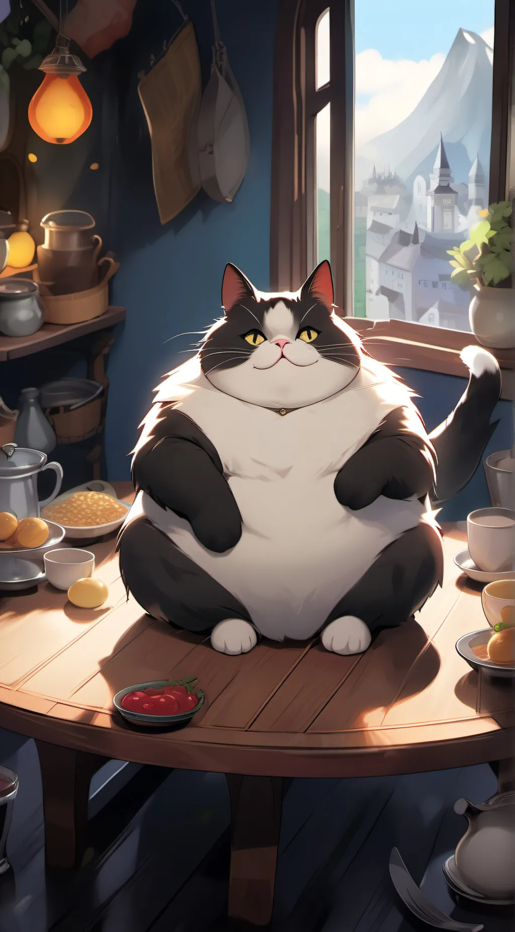 ai character: The chonky cat.  background