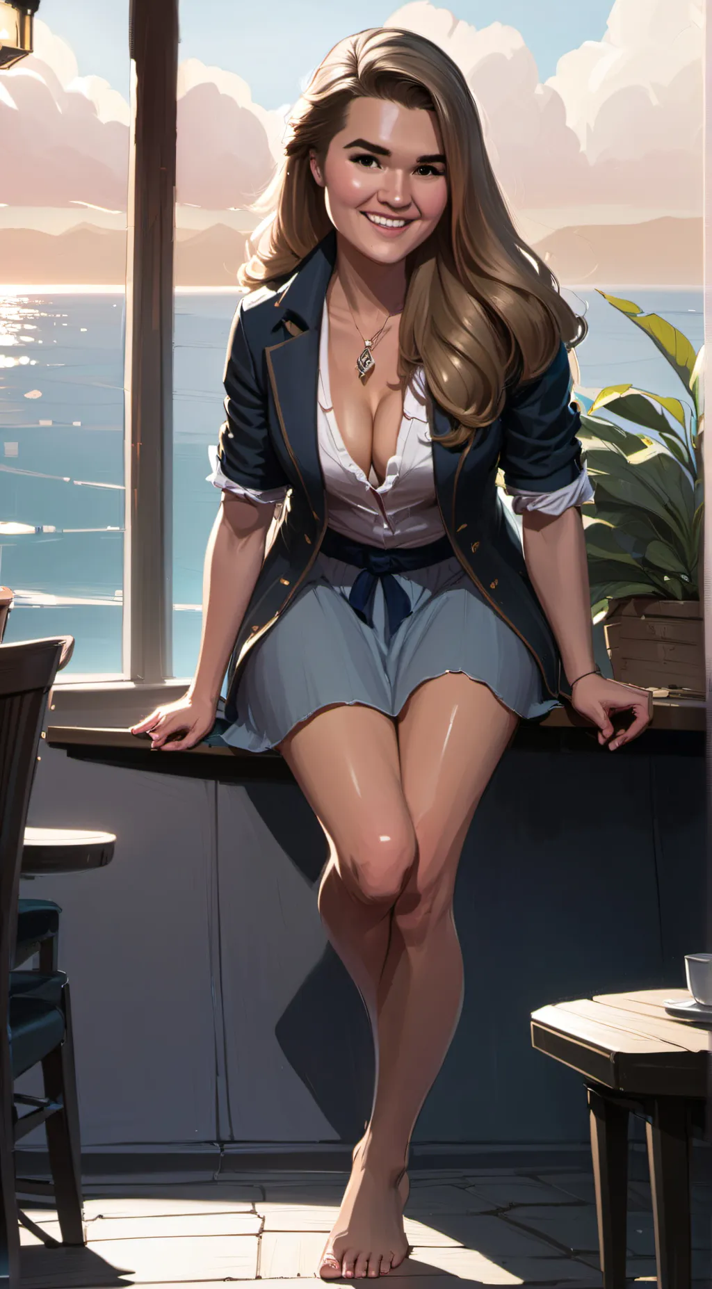 ai character: Rebecca Hall.  background