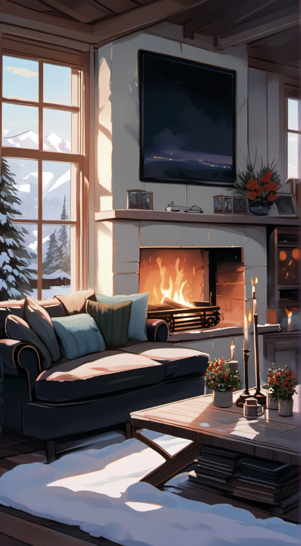 ai character: fireplace background