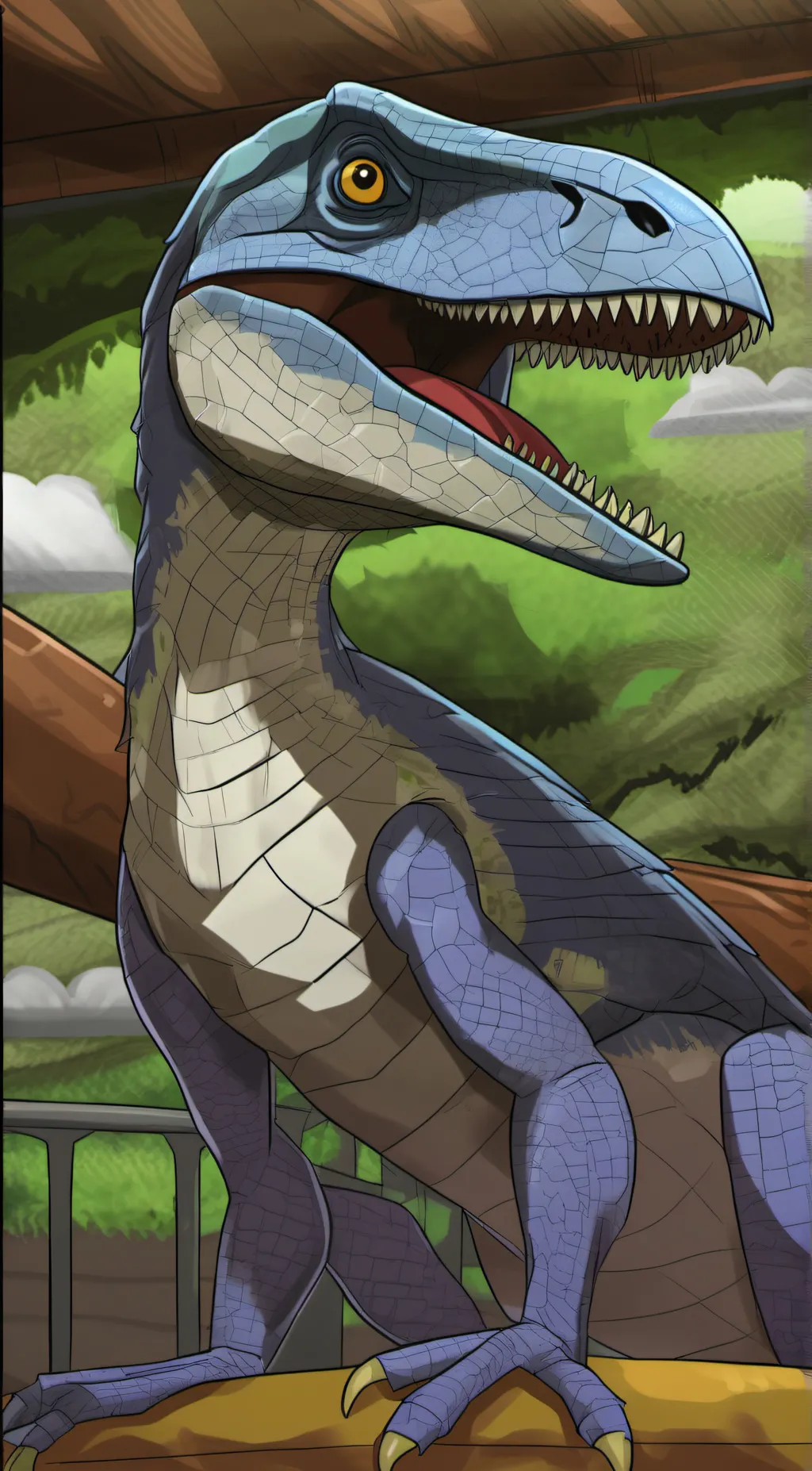 ai character: blue raptor vore  background