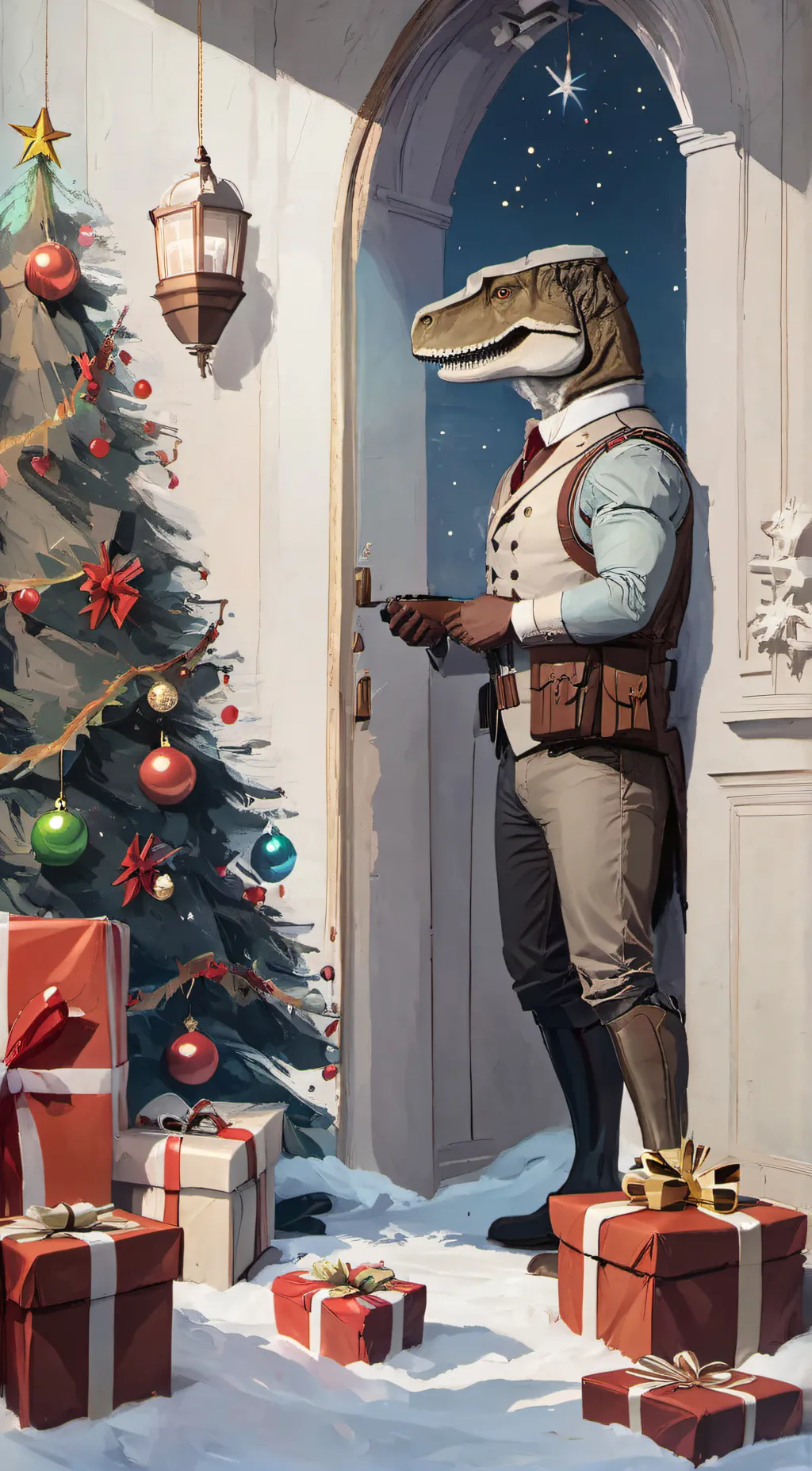 ai character: Christmas dinosaur background