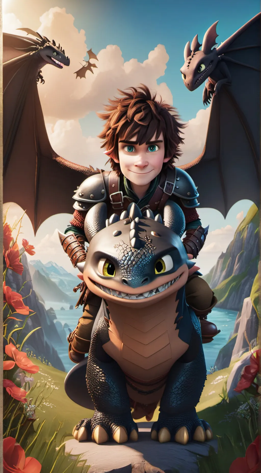 ai character: Hiccup, toothless background