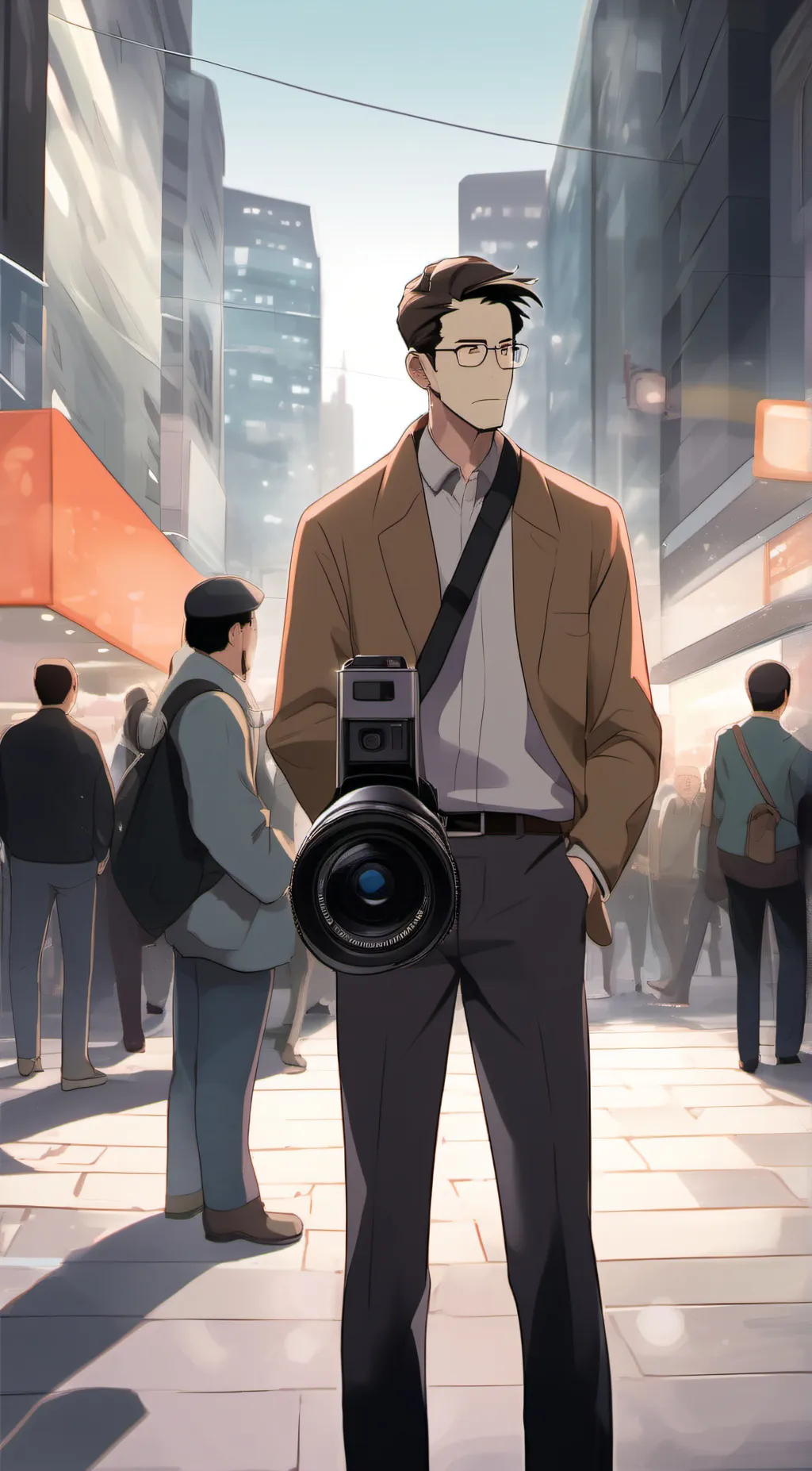 ai character: Brown camerman  background